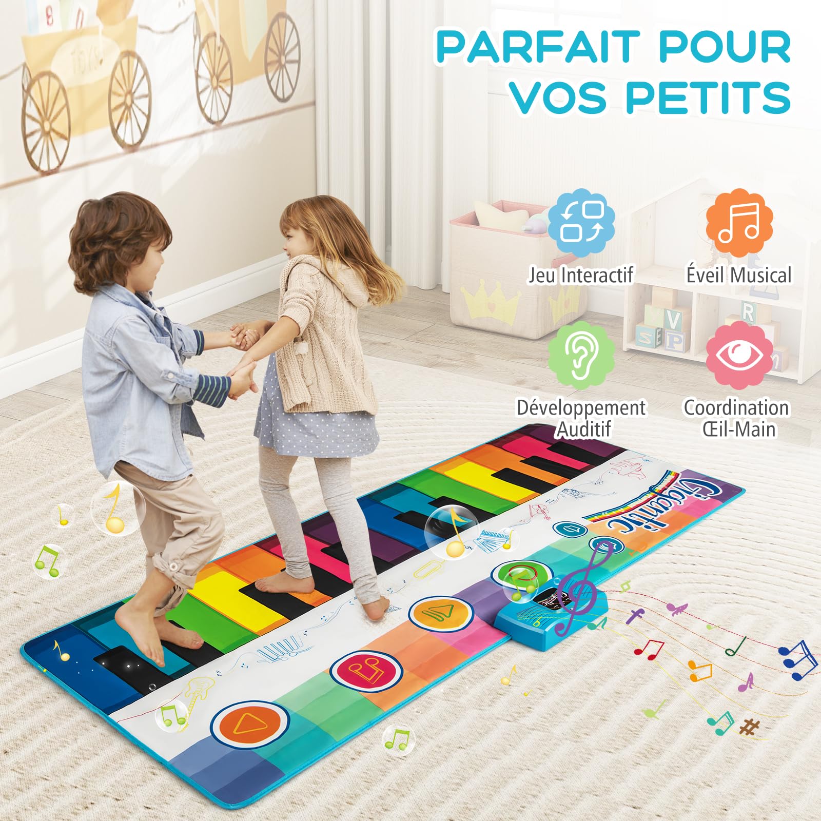 GOPLUS Tapis de Piano Enfant, 181CM Tapis de Danse Géant avec 24 Touches, 8 Sons d'Instruments, 10 Chansons, Jouet Éducatif Musical pour Filles Garçons 3+ Ans