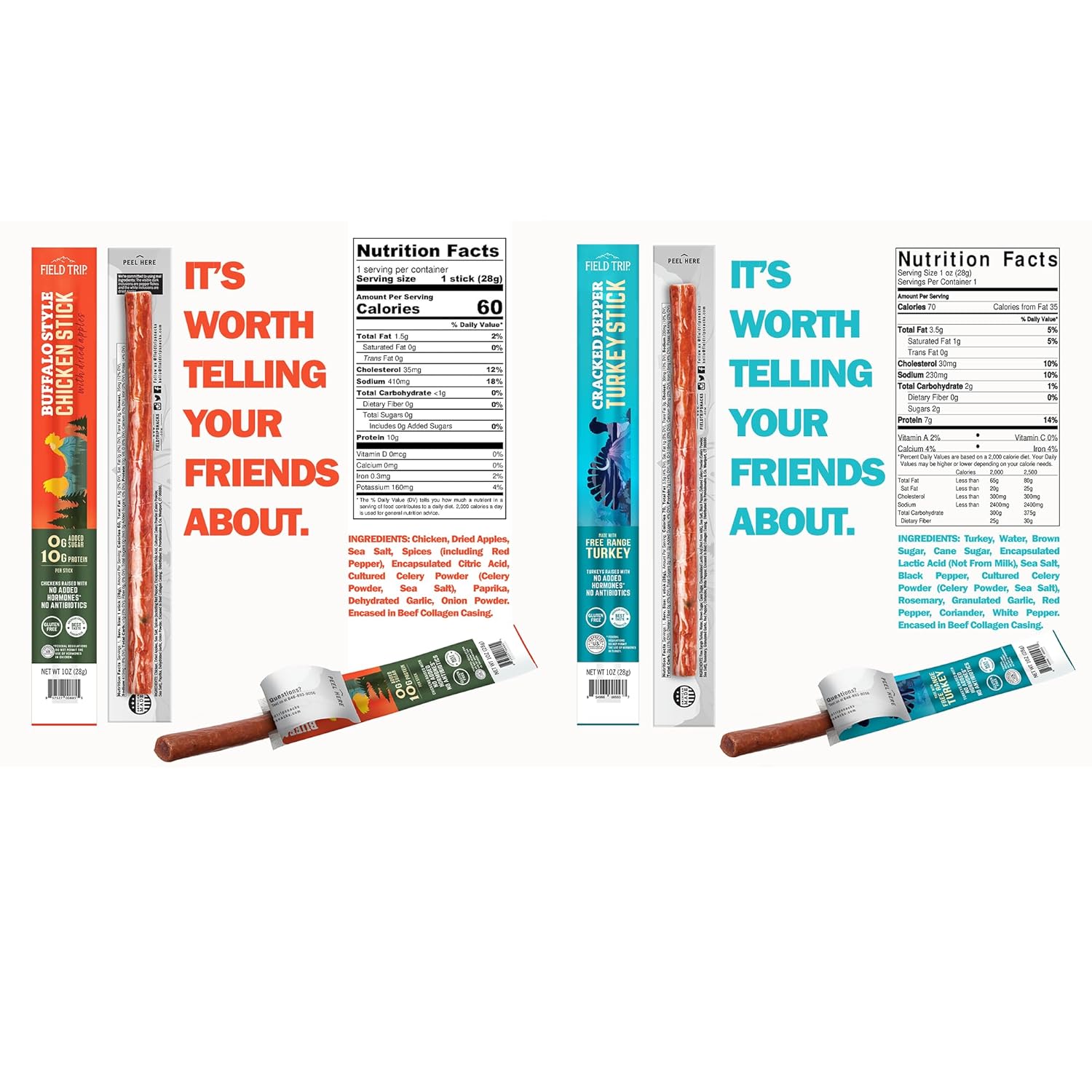 Field Trip Grass Fed and Free Range Variety Jerky Snack Sticks, Keto, Paleo, Gluten Free, Allergy Friendly Snack, High Protein, 90 and 100 Calorie Snack, 1oz, 10 Pack