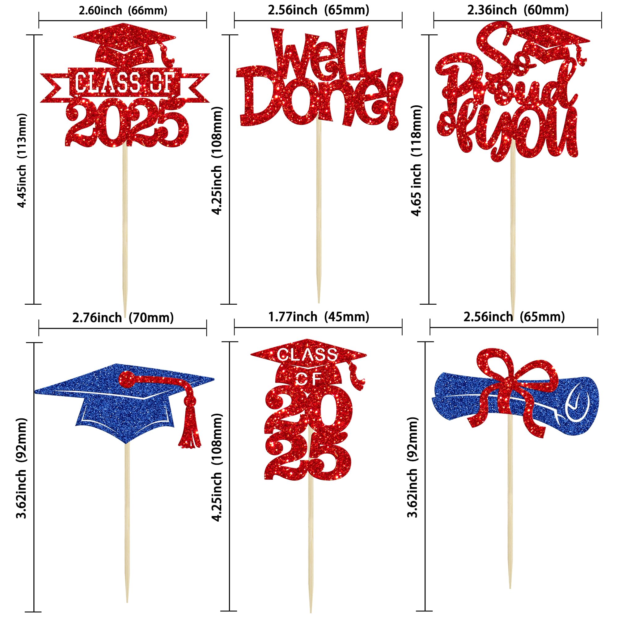 Gyufise 24Pcs Congrats Grad 2026 Cupcake Toppers Glitter 2026 Graduation Done Diploma Cupcake Picks Class of 2026 Cupcake Decorations for 2026 Graduation Theme Party Supplies Red Blue - Image 2