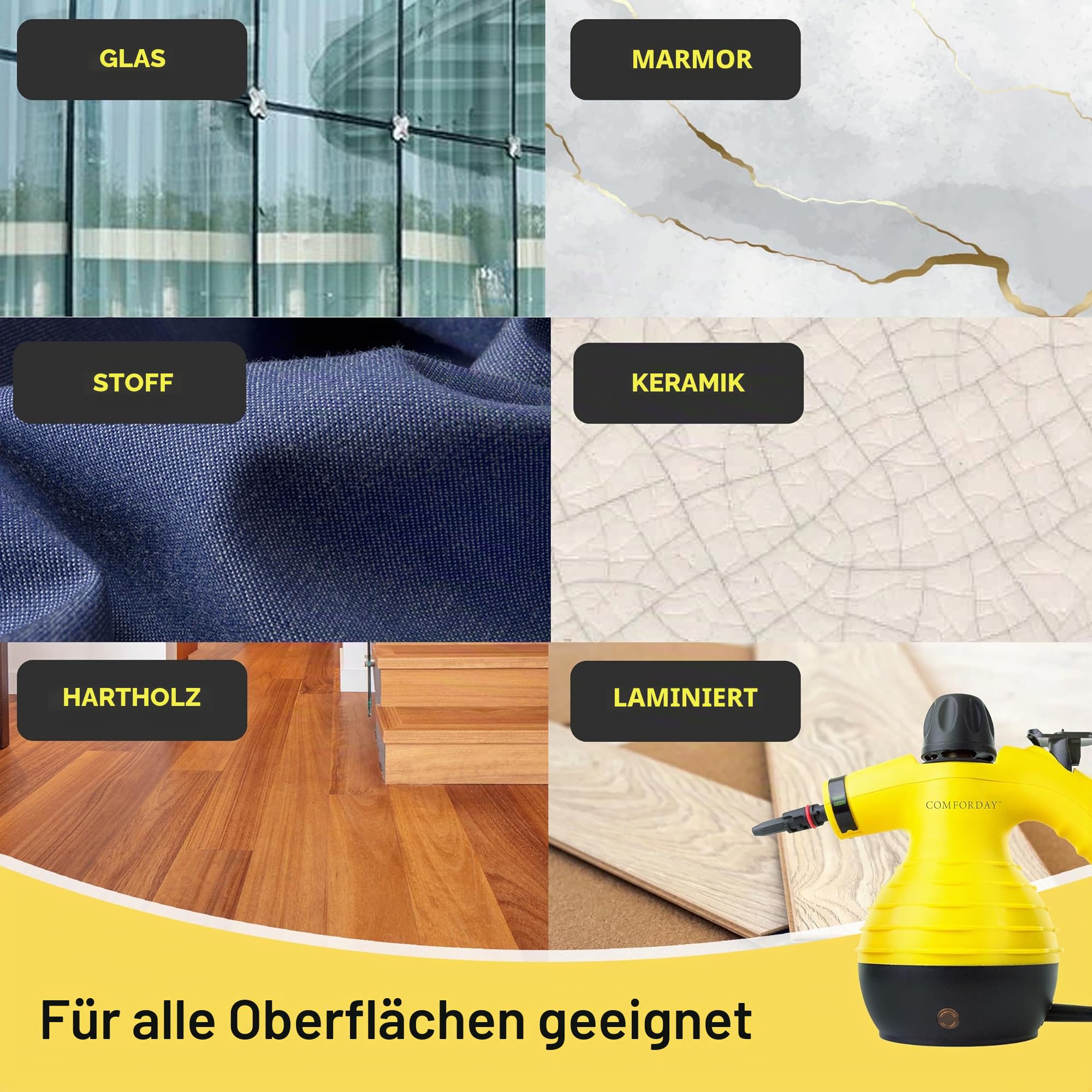 Comforday Dampfreiniger Handgerät Hand Dampfreiniger Handgerät Mit 9 Fleckenentfernungszubehör Eliminates Grease Küche Autositze und Vieles Mehr, Sofa-Reiniger Fleckenentferner, Steam Cleaner