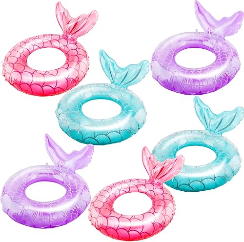 6 piezas de anillo inflable de natación para niños y niñas, flotador inflable de sirena para niños y niñas, suministros de fiesta de natación, 3