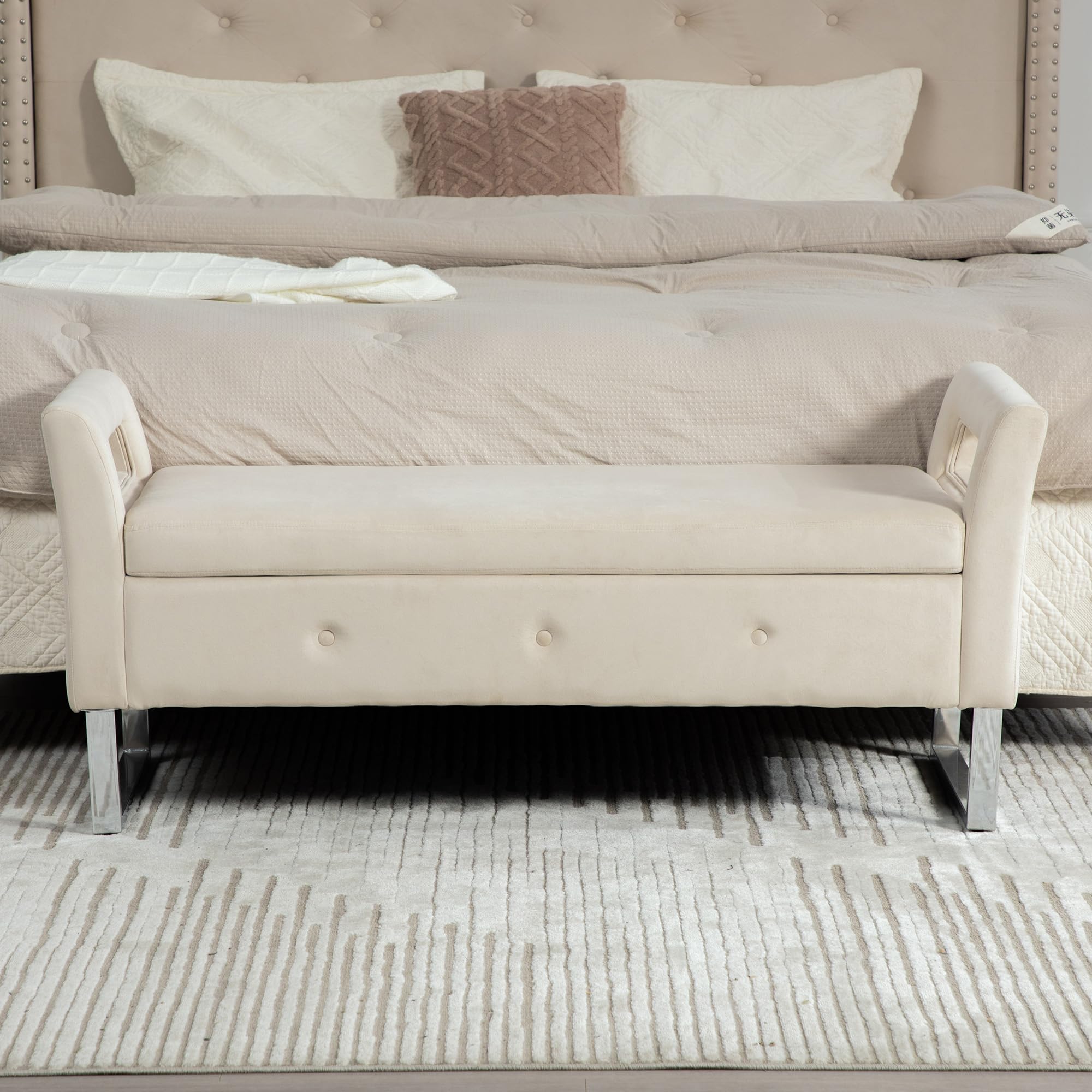 Banco con espacio de almacenamiento, taburete acolchado de terciopelo, con reposabrazos para salón, entrada y dormitorio (beige)