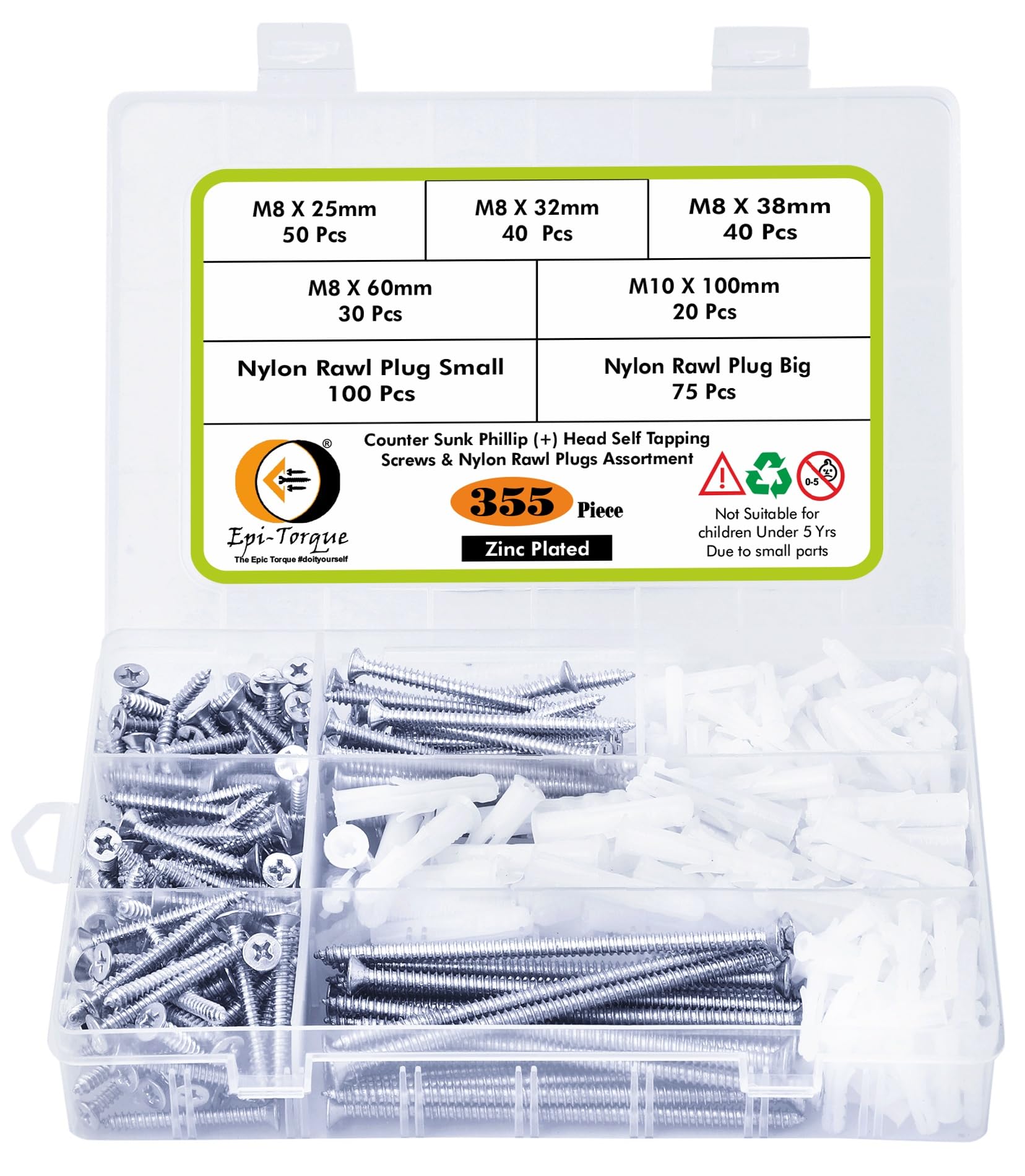 Epi-Torque; The Epic Torque #Doityourself Self Tapping Sheet Metal Zinc Plated Screws of Different sizes with Matching Rawl Plugs in Single Assortment Box - Pack of 355 Pieces (B07ZJBWD63) Amazon Price History, Amazon Price Tracker