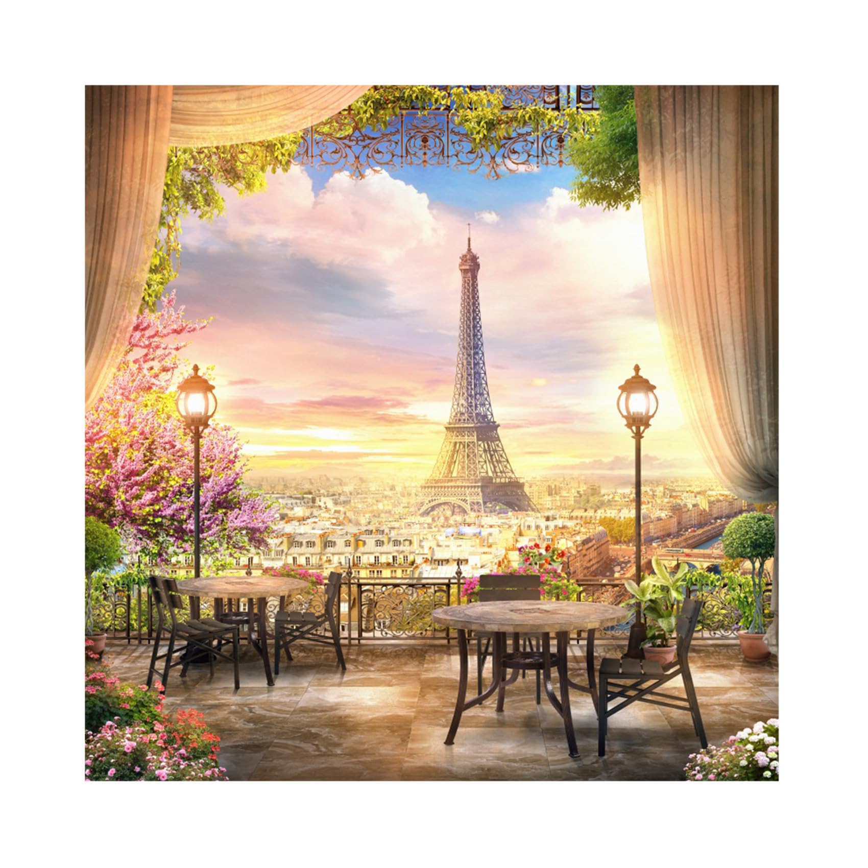 Baocicco 8x8ft Paris Panorama Effel Tower Garden Backdrop Vinyl Photography Background High Platform Sunset Glow Landscape Flower Bouquet Old Lantern