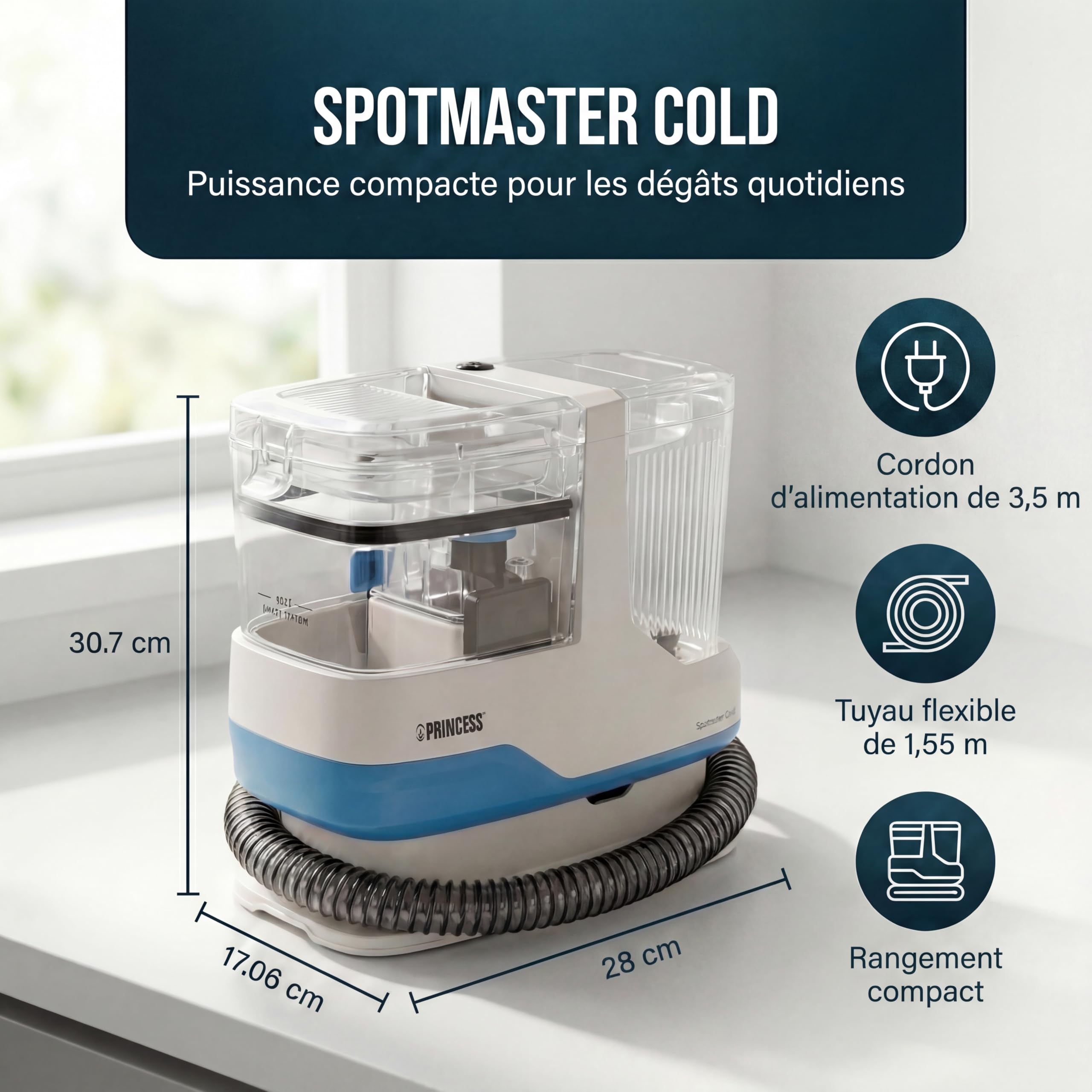 Princess Spot Master Nettoyeur de taches à froid, 600 W, réservoir d’eau propre 1100 ml, compact et léger, pour tapis et tissus d’ameublement, 01.332013.01.001