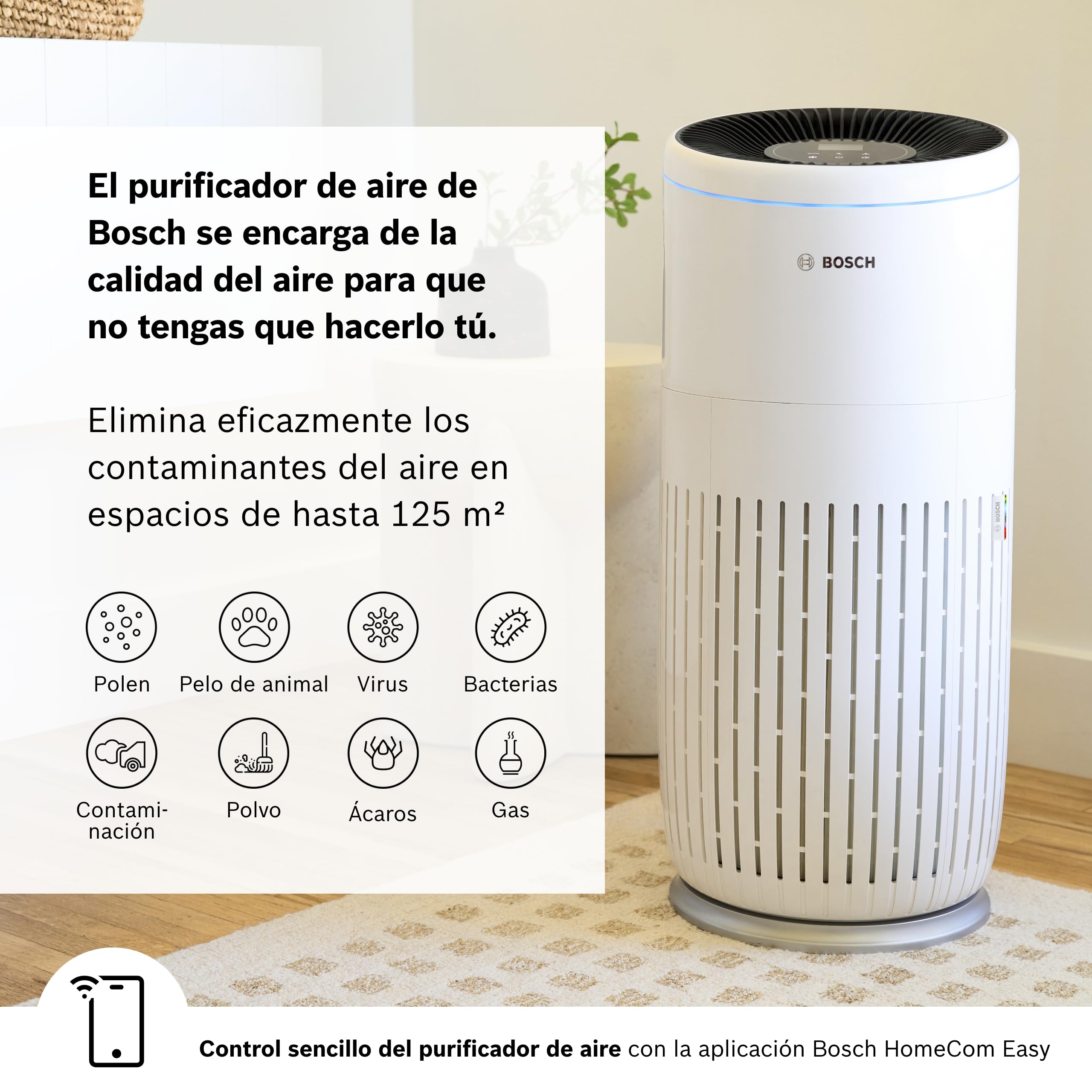 Bosch Air 6000i, Purificador de Aire con App, Hasta 125 m² | Con Filtro de Aire 4 en 1, Sensor Inteligente, Modo Automático, Modo Silencioso (< 25 dB(A)), CADR: 600 m³/h