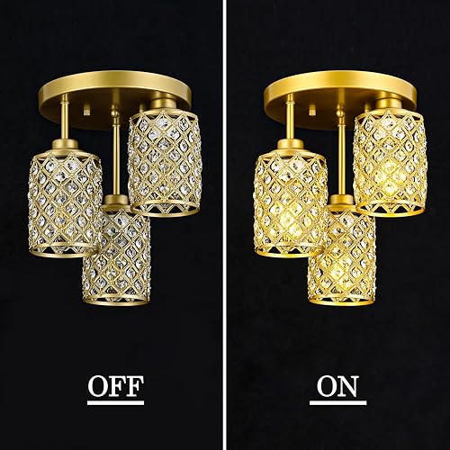 Miniatura 4 de Lámpara de techo de cristal K9 de lujo semiempotrada con 3 pantallas de metal dorado, mini iluminación cercana al techo para entrada, dormitorio,