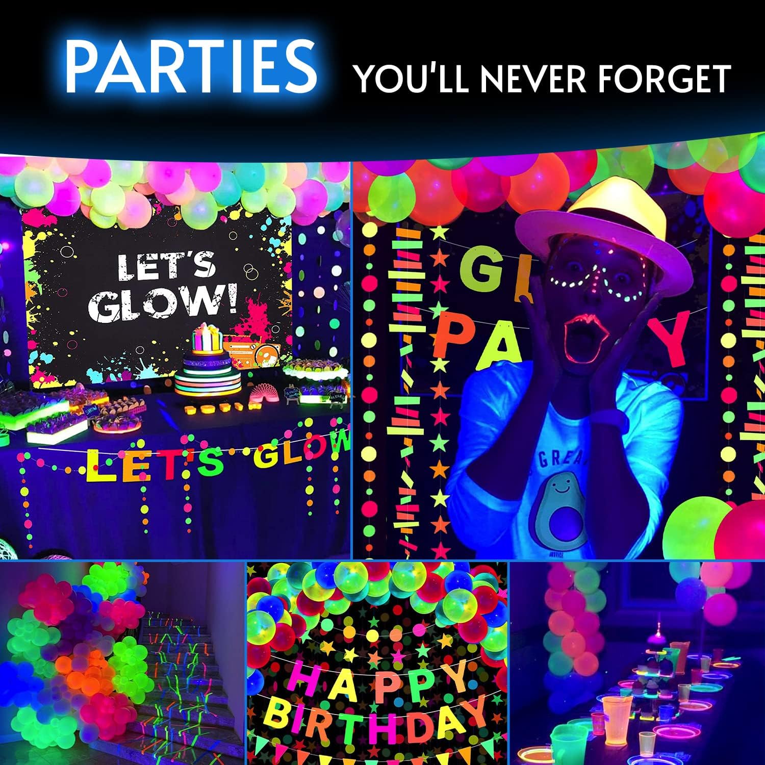 Glow King Black Light Reactive Neon Balloons | Glow In The Dark Latex Balloons in Multiple Colors | Fun UV Fluorescent Party Gift for Events | Luminous Ballons for Birthday Decoration – 100 Pack