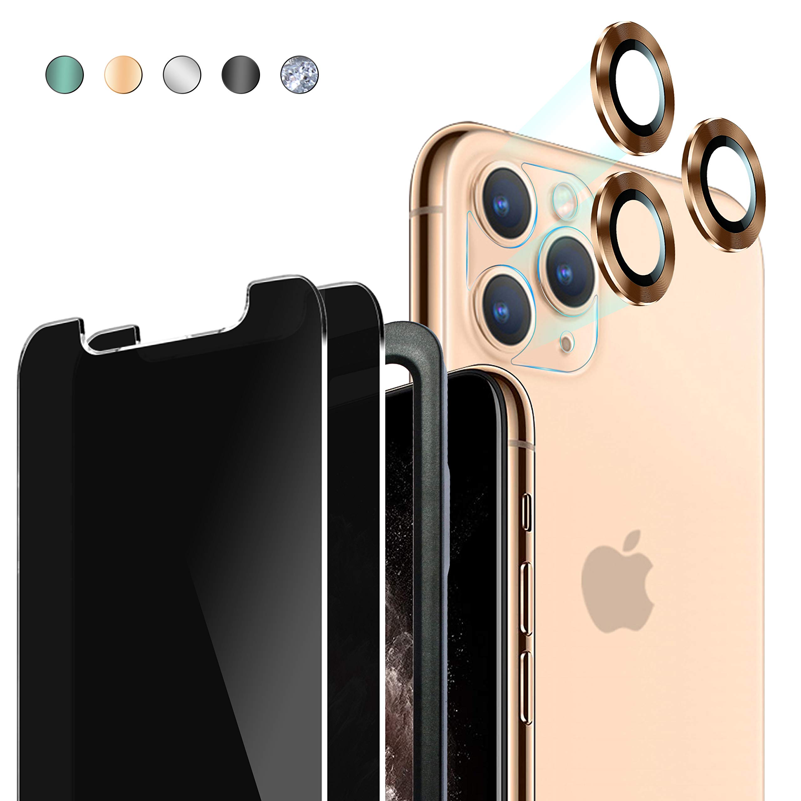 JOLOJO iPhone 11 Pro Privacy Screen Protector (5.8") 2 Pack + Camera Lens Protector [Set of 3] for iPhone 11 Pro Tempered Glass Privacy [Case Friendly] + [Easy install Tray] 9H Hardness/Anti-Spy/Anti-Scratch - Gold