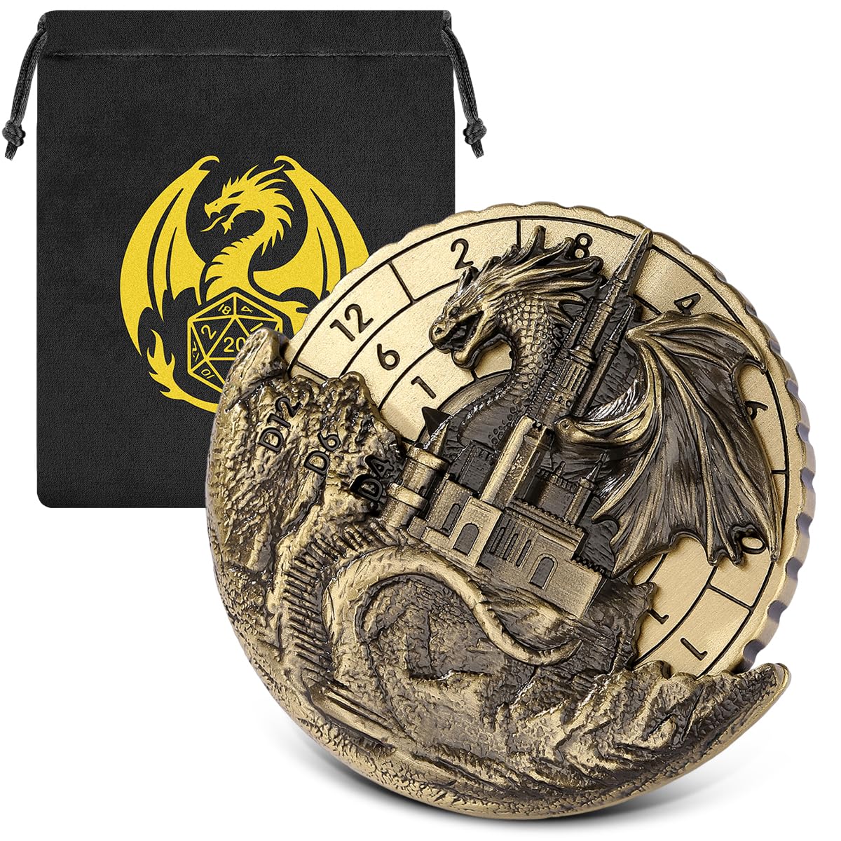 7-in-1 Dragon and Castle Fingertip Gyro, DND Wheel Dice Spiner, DND Starter Set, 7-in-1 Metal Dice Set, D&D Gifts with Dragon Logo Gift Bag, Tabletop Games, Role Playing Board Game Accessories, Bronze