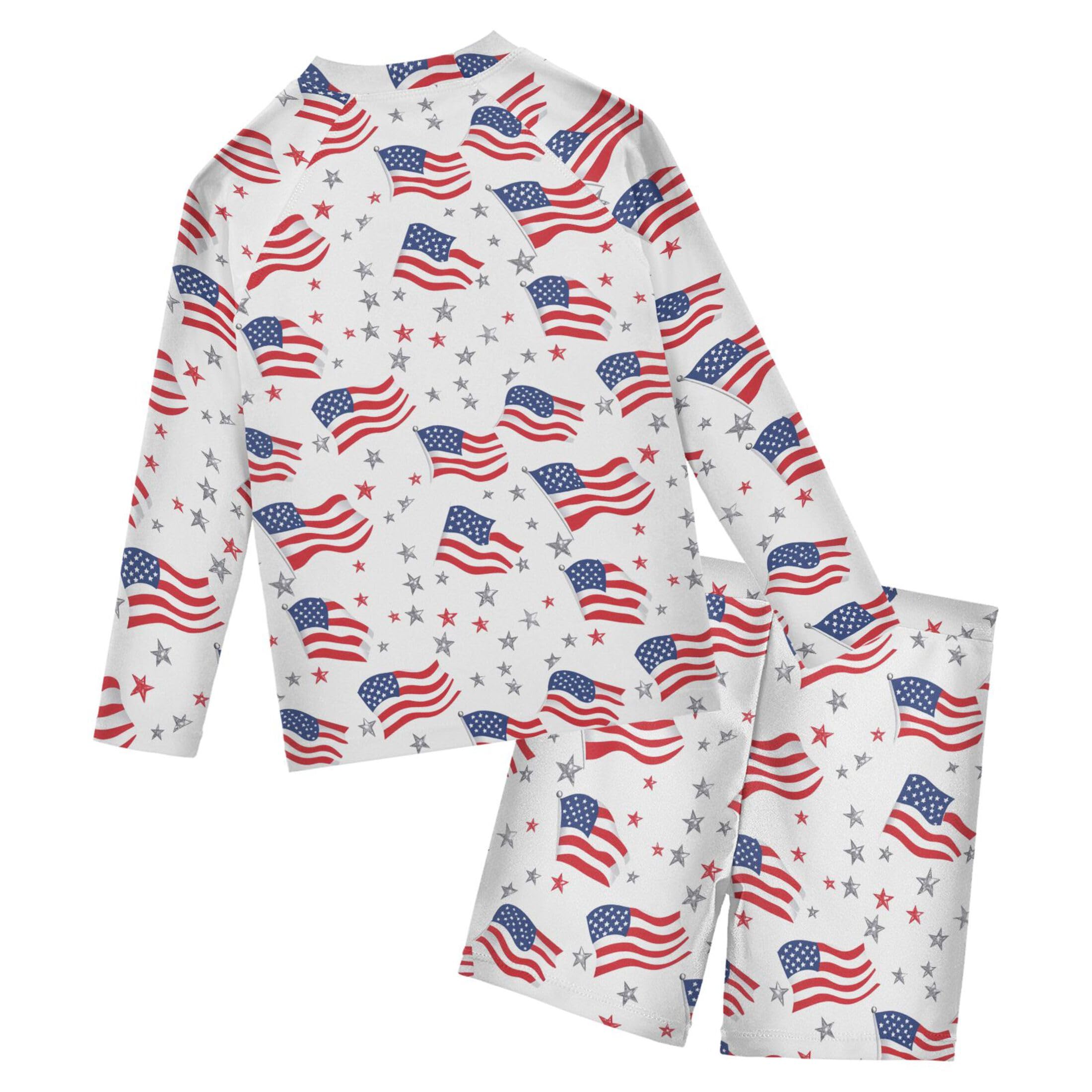 July 4th Independence Day American Flag Baby Boys' Toddler Long Sleeved Rashguard Swim Bathing Suit Set B0404594