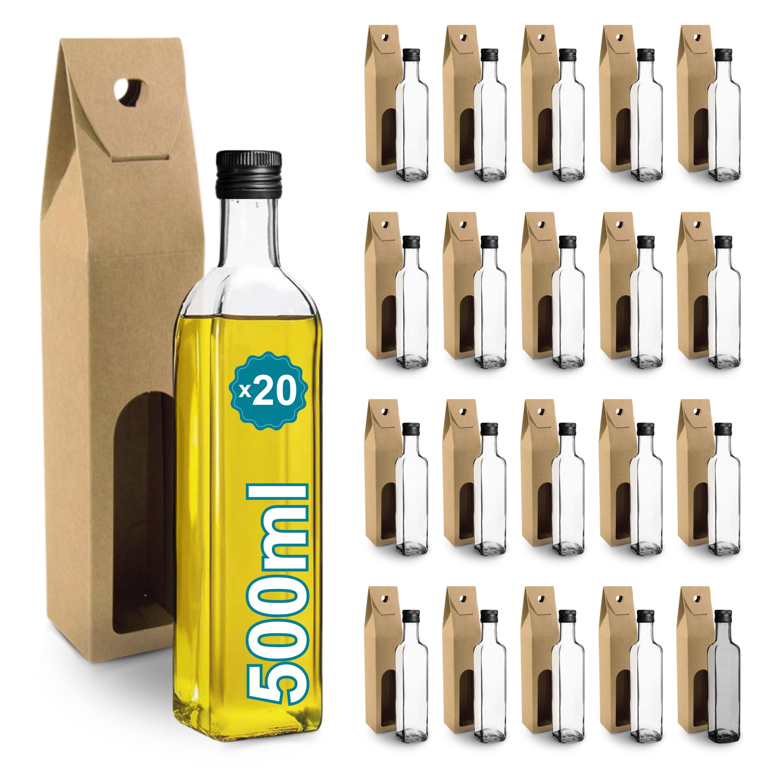 Espirito Rebelde 20 Botellas de Cristal 500ml con Tapón de Rosca Negro + 20 Cajas - Aceite de Oliva, Vinagre, Alcohol, Salsas - Aceitera de Cristal