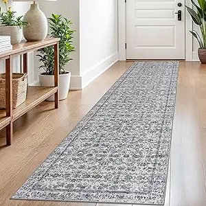 2x8 Grey Blue Washable Runner Rug for Hallways, Soft Classic Kitchen Rugs with Non-Slip, Non-Shedding Distressed Floral Rug for Hallways Entryway Bedroom Bathroom Laundry Indoor