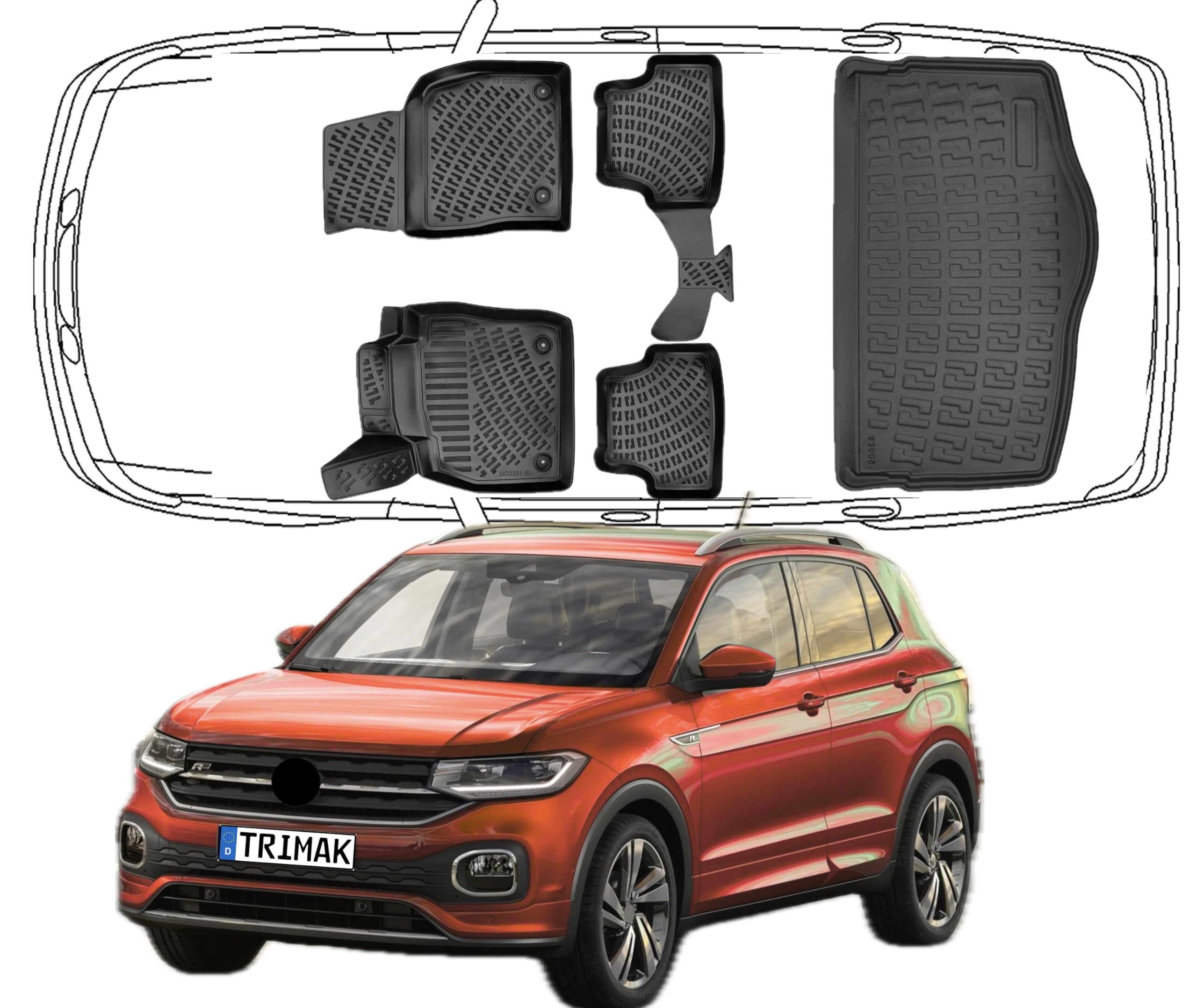 Trimak Passgenau 3D Fussmatten & Untere Kofferraumwanne Auto Set Kompatibel mit Volkswagen T-Cross ab 2019 Auto Zubehör Gummimatten & Kofferraummatte Autos TPE Allwetter Geruchlos rutschfest