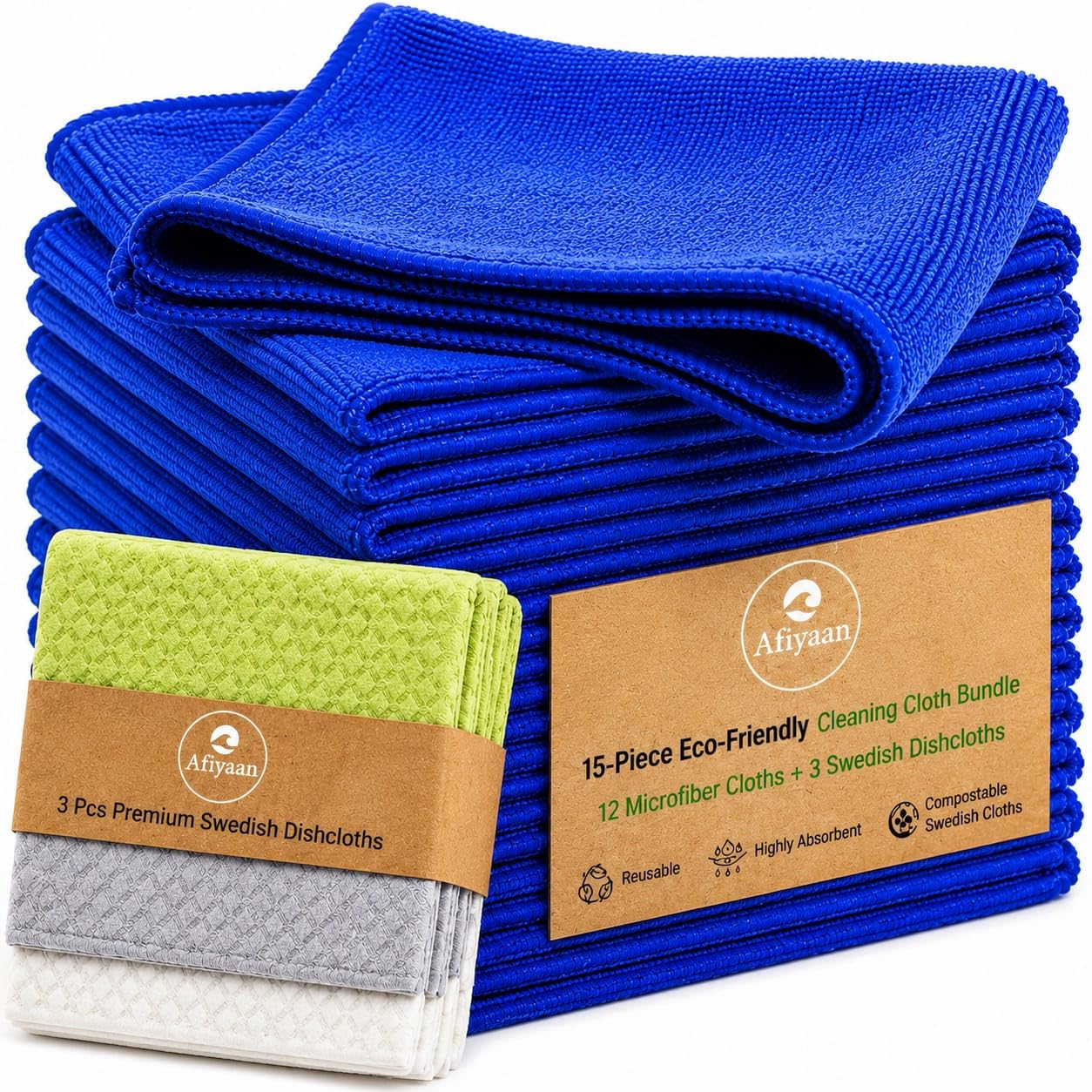 Afiyaan 2-in-1 Ultra Absorbent Cleaning Cloth Bundle – 15 Piece Set with 12 Microfibre Cleaning Cloths & 3 Swedish Dishcloths, Reusable, Streak-Free, Eco-Friendly Kitchen Cleaning Supplies
