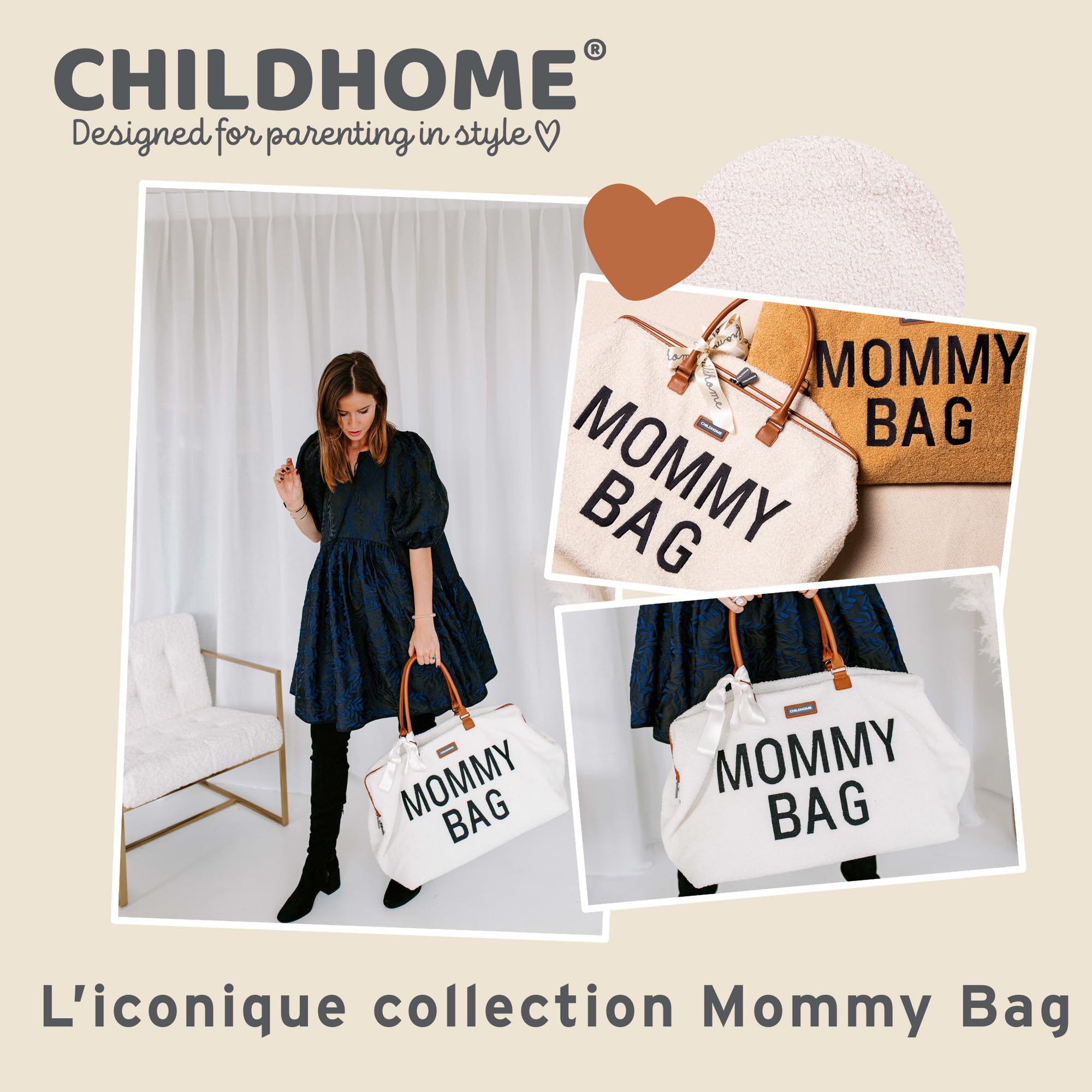 Childhome, Mommy Bag, Sac à Langer, Maternité, Sac de voyage, Grande Contenance, Tapis à Langer, Bandoulière Ajustable, Compartimenté, Poche Isotherme, Passage pour Valise, Teddy Ecru