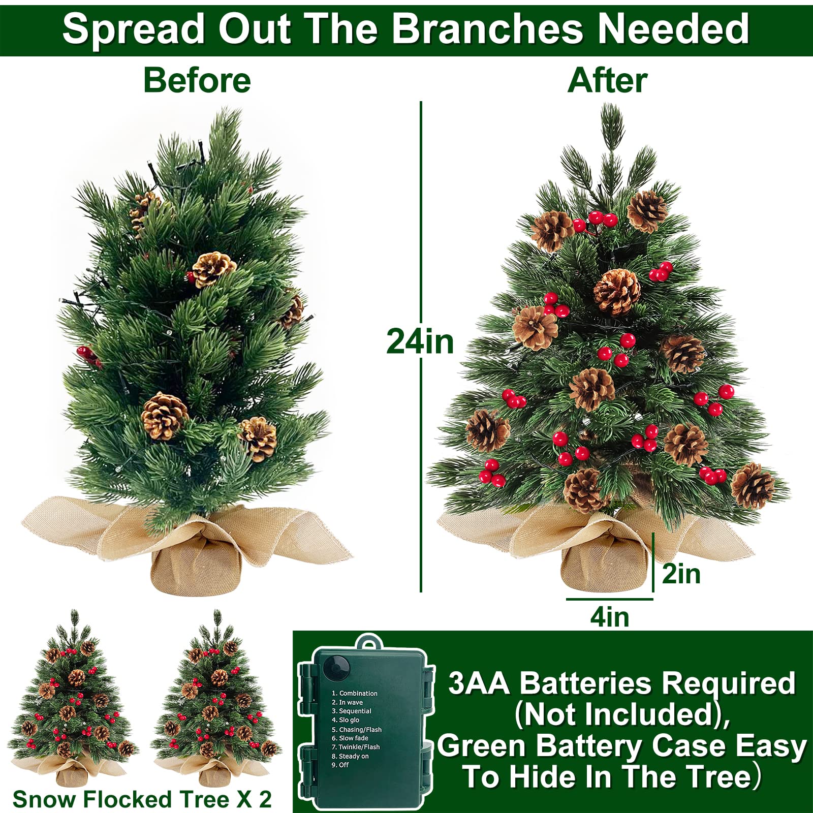 TURNMEON 2 Pack 24''/2FT Realistic Feel Thick Prelit Artificial Christmas Tree Tabletop Decorations 50 Lights 8 Modes Timer Battery Operated Pine Cones Red Berries Christmas Indoor Home Decoration