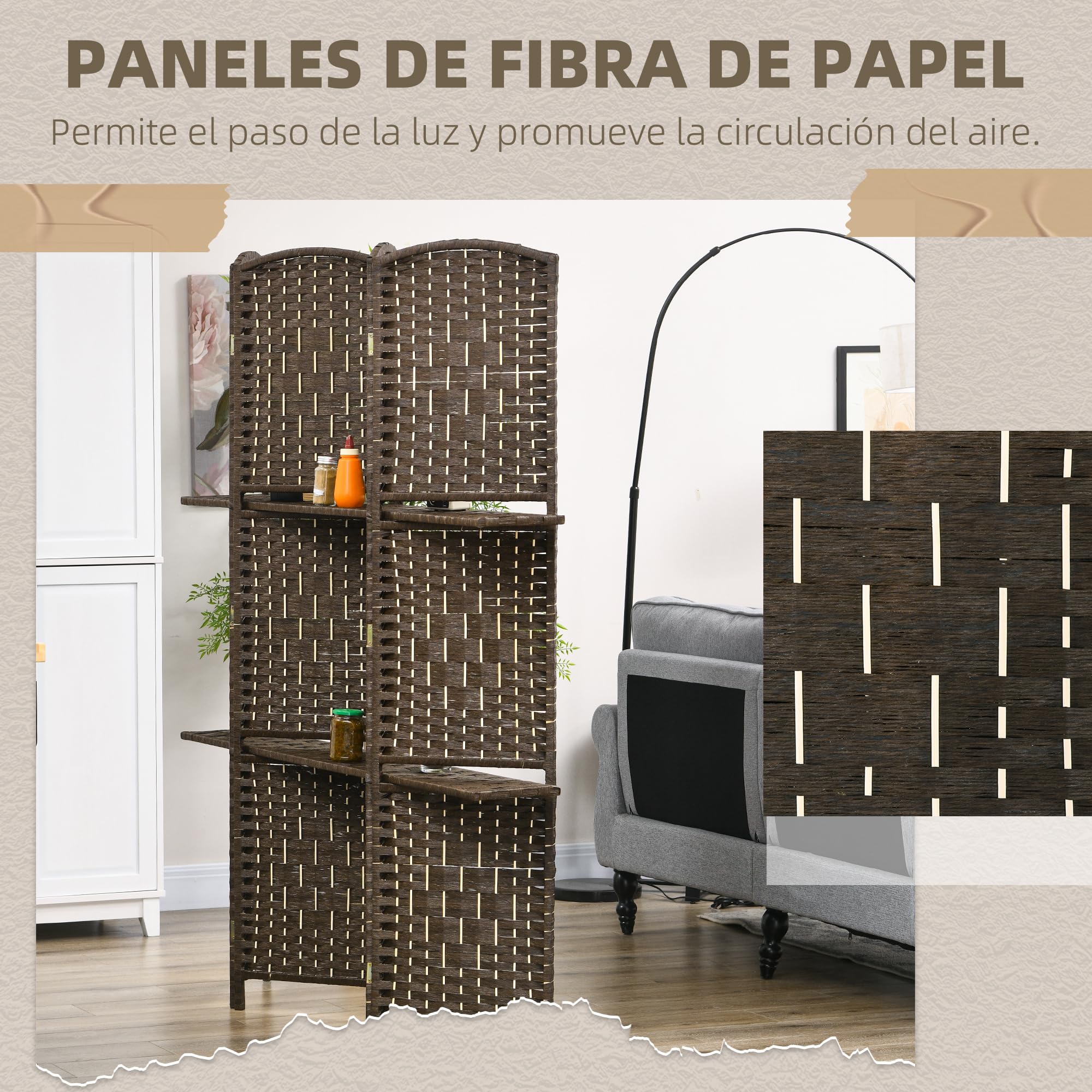 HOMCOM Biombo Separador de Ambientes de 4 Paneles 160x170 cm con 2 Estantes de Exhibición Pantalla de Privacidad Plegable Divisor para Oficina Dormitorio Marrón