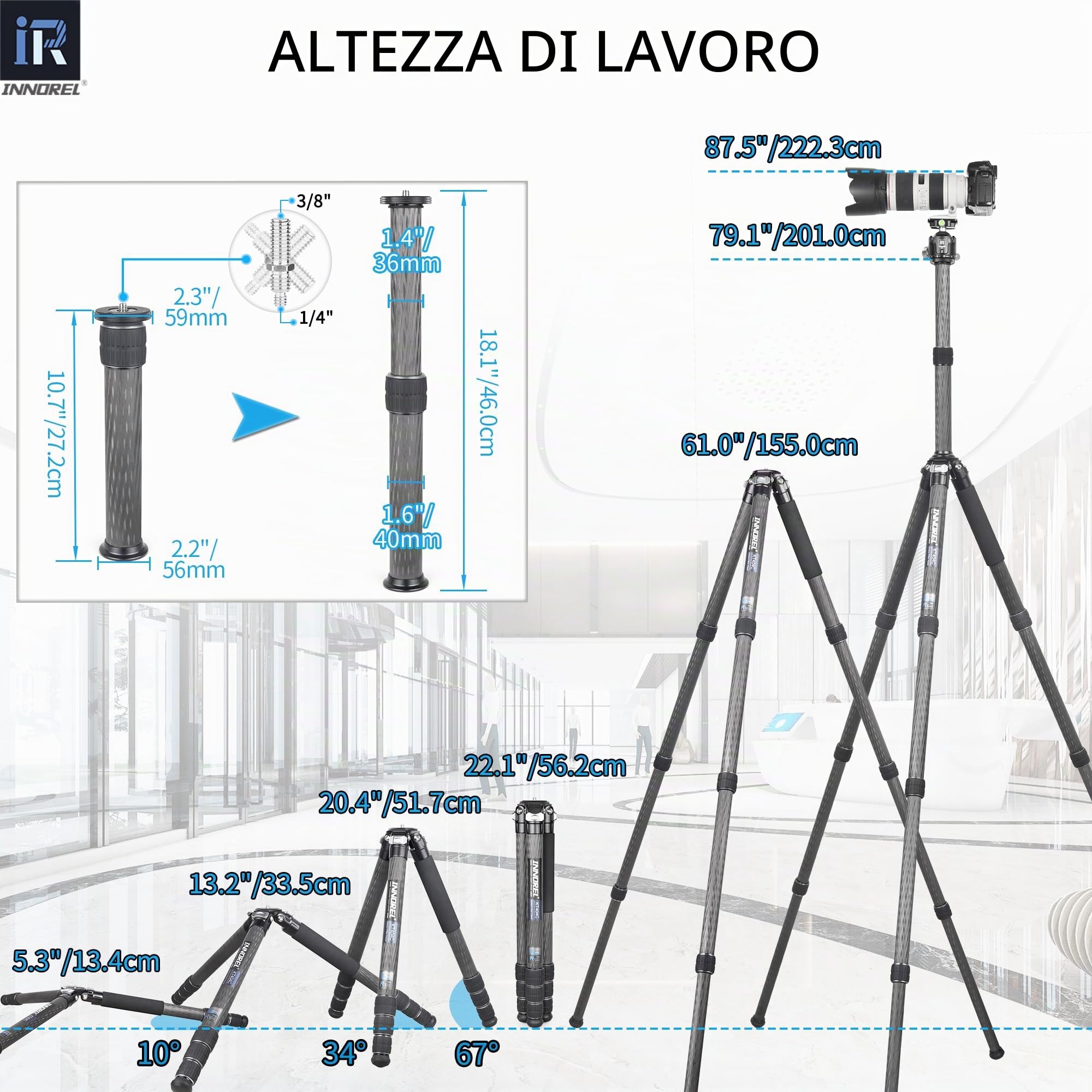 INNOREL KT404C Treppiede compatto a 10 strati in fibra di carbonio Tubo da 40 mm Cavalletto professionale per fotocamera resistente per videocamera digitale DSLR Carico 35 kg con colonna centrale