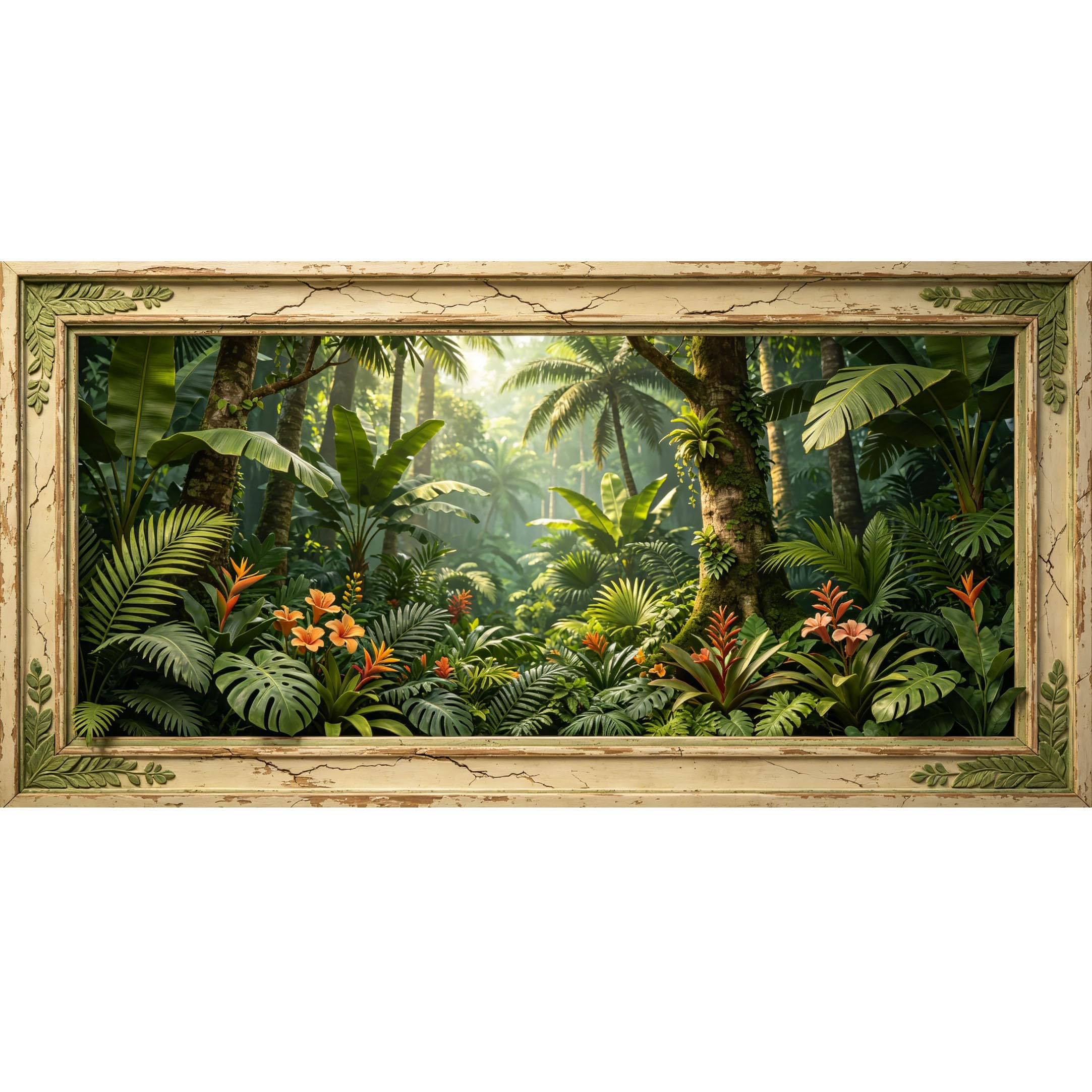 Agglomerix 3D Framed Wall Art Tropical Jungle Botanical Rainforest Palm Trees Exotic Flowers Large Size SelfAdhesive Removable Wall Decor Prints Artwork for Living Room Bedroom Office