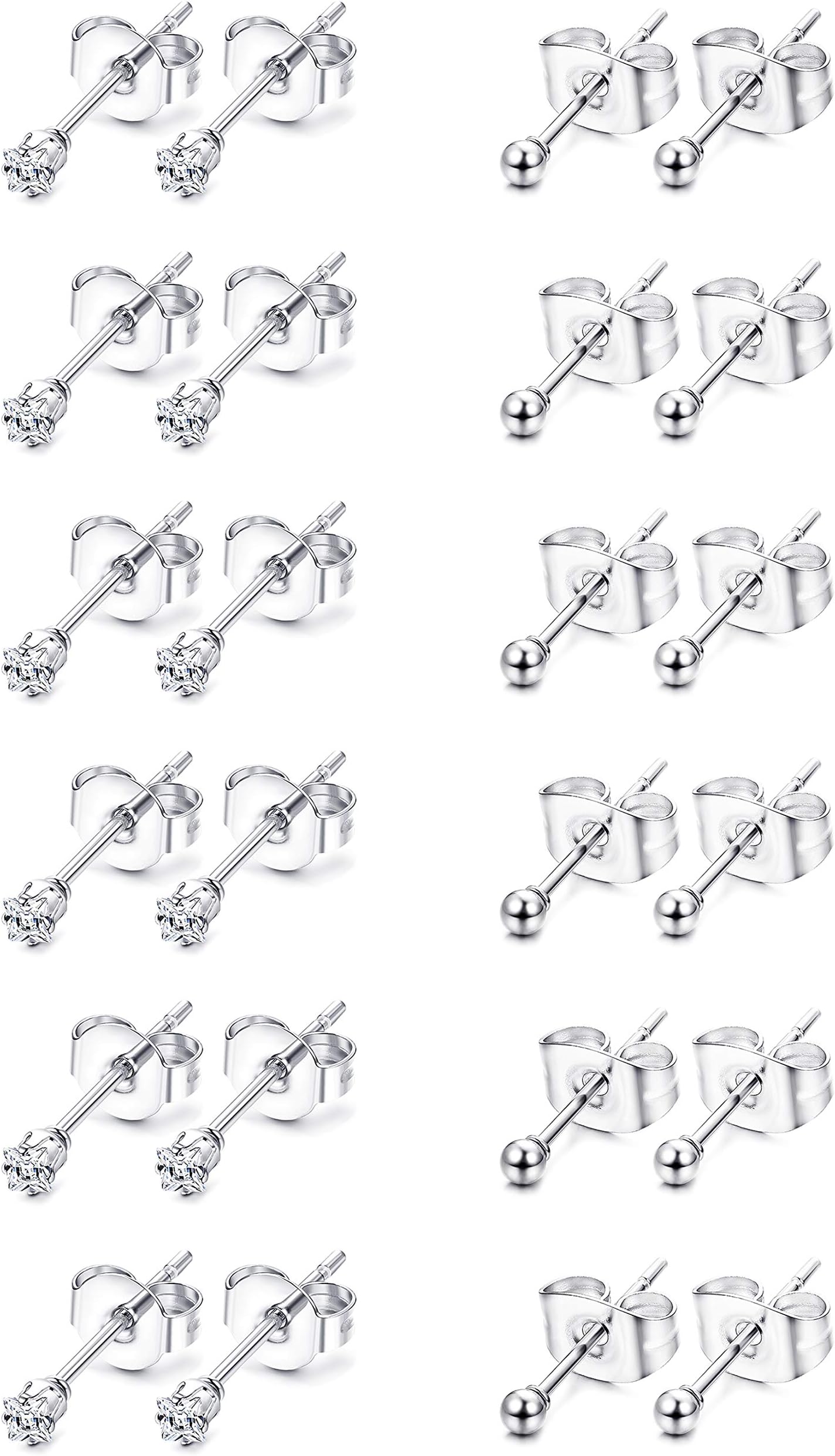 6-12 Pairs Stainless Steel Tiny Stud Earrings Set for Men Women Small Round Ball Earrings with Cubic Zirconia Piercing Earrings 2mm