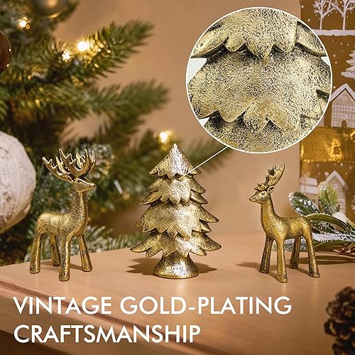 Miniatura 7 de Juego de 3 figuras de reno y árbol de Navidad, decoraciones navideñas de resina dorada con acabado metálico mate, elegante decoración de estatua de