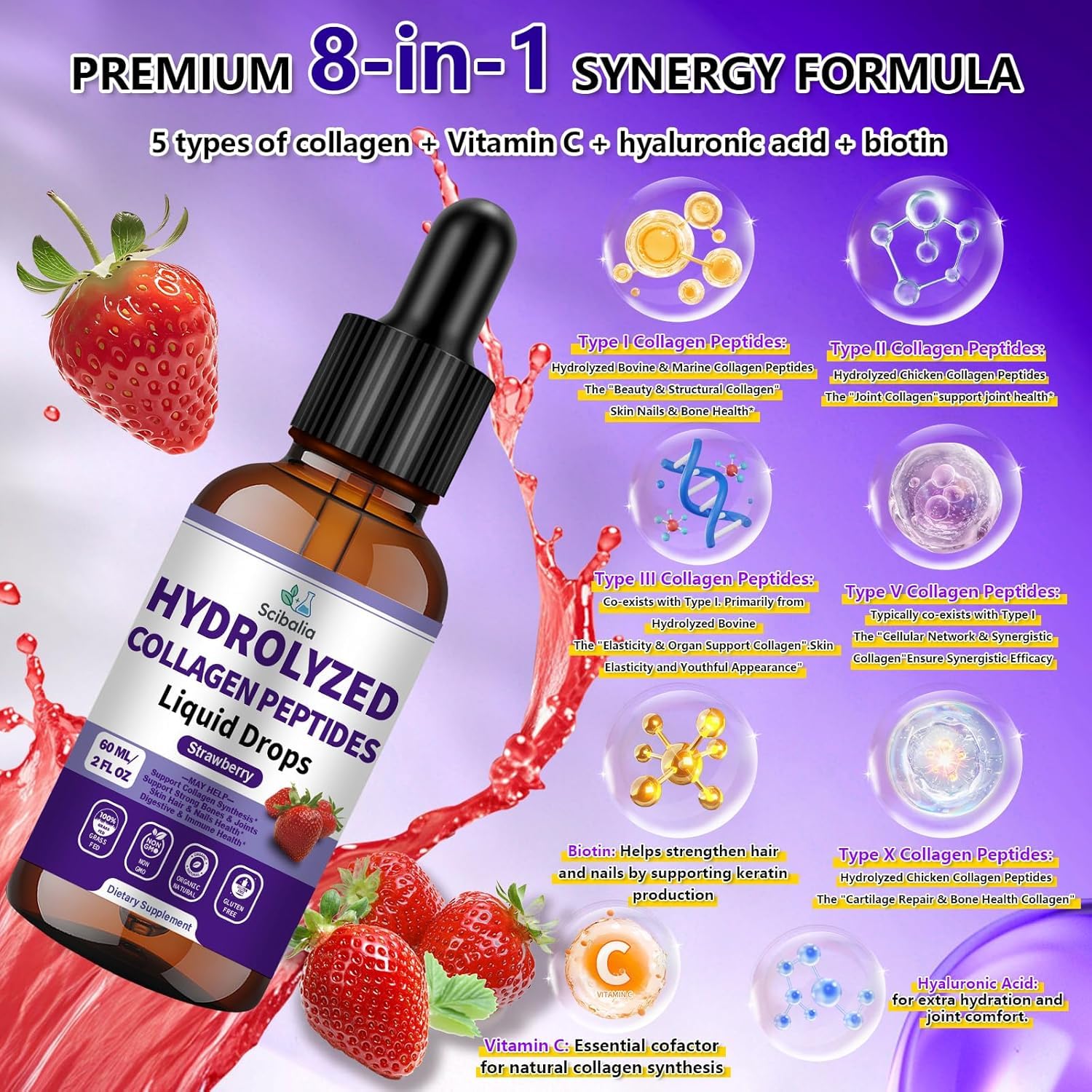 Multi Collagen Peptides Liquid Drop w. Types I II III V X Hyaluronic Acid Vitamin C Biotin for Joint, Skin, Hair & Nail Health, Hydrolyzed Liquid Collagen High Absorption for Women Men Grass Fed — Amazon image 2