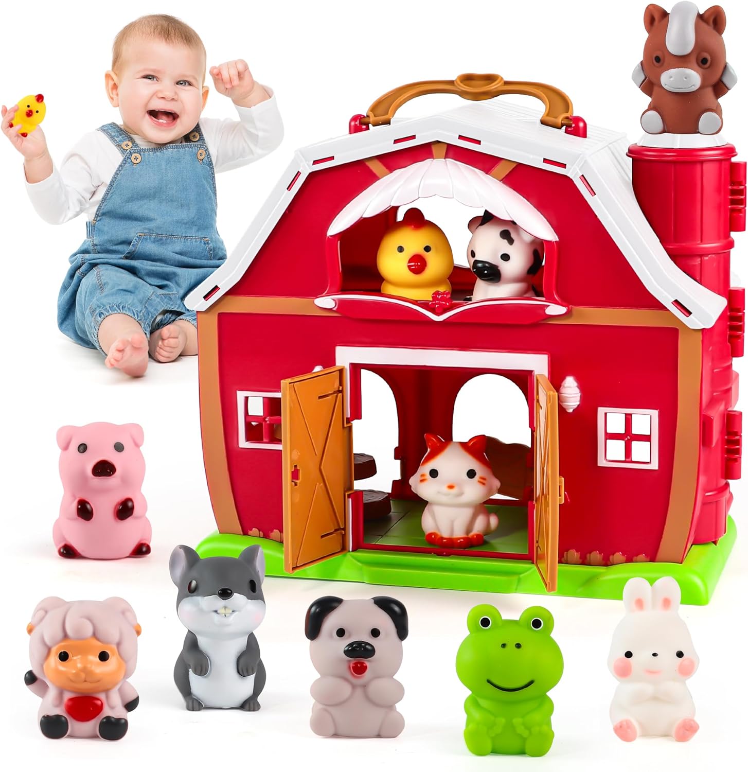 EnAuRoL Big Red Barn Toys for 3 Years Old Boys Girls, Educational Montessori Toys with 10 Farm Animal Finger Puppets Christmas Birthday Gift for Toddler Baby Boys Girls 3-5 Years