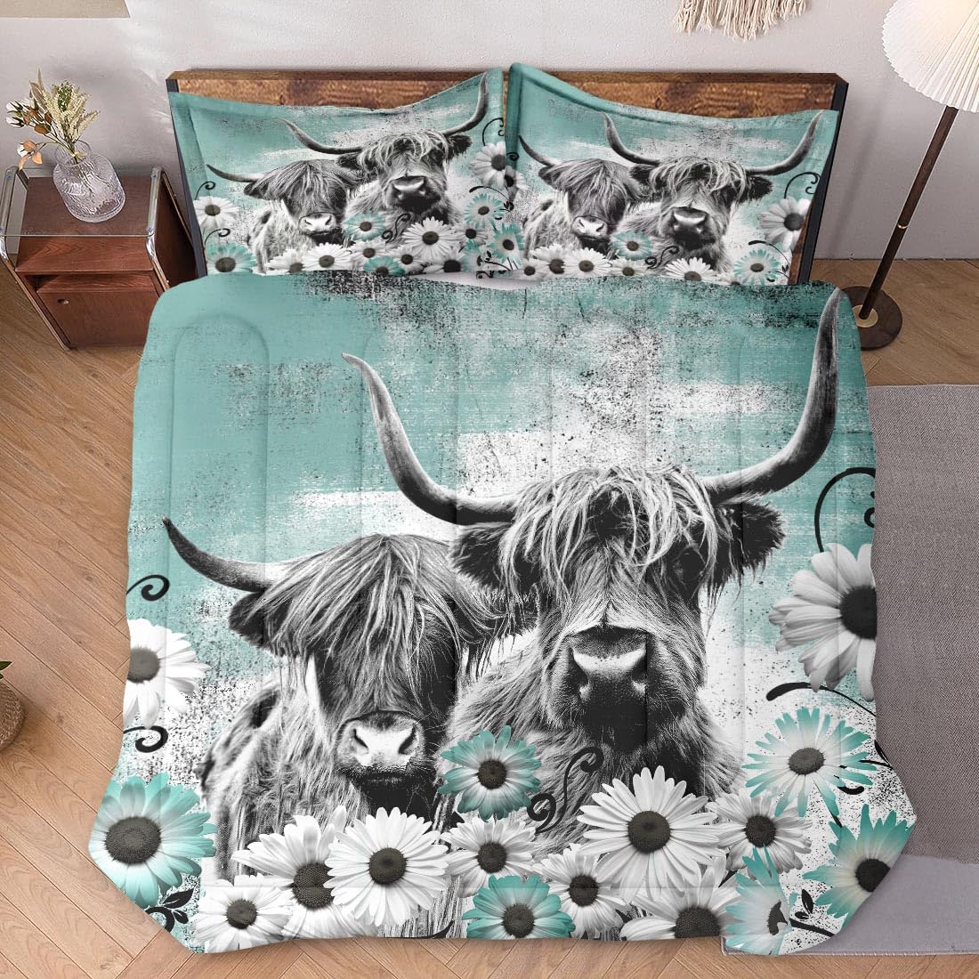 WeCozy Comforter Set Full Size with 2 Pillowcases, Highland Cow Animal 3 Pcs Bedding for Kids and Adults, Buffalo Bull Farm Daisy Soft Comforter Set for Bedroom Bed Decor
