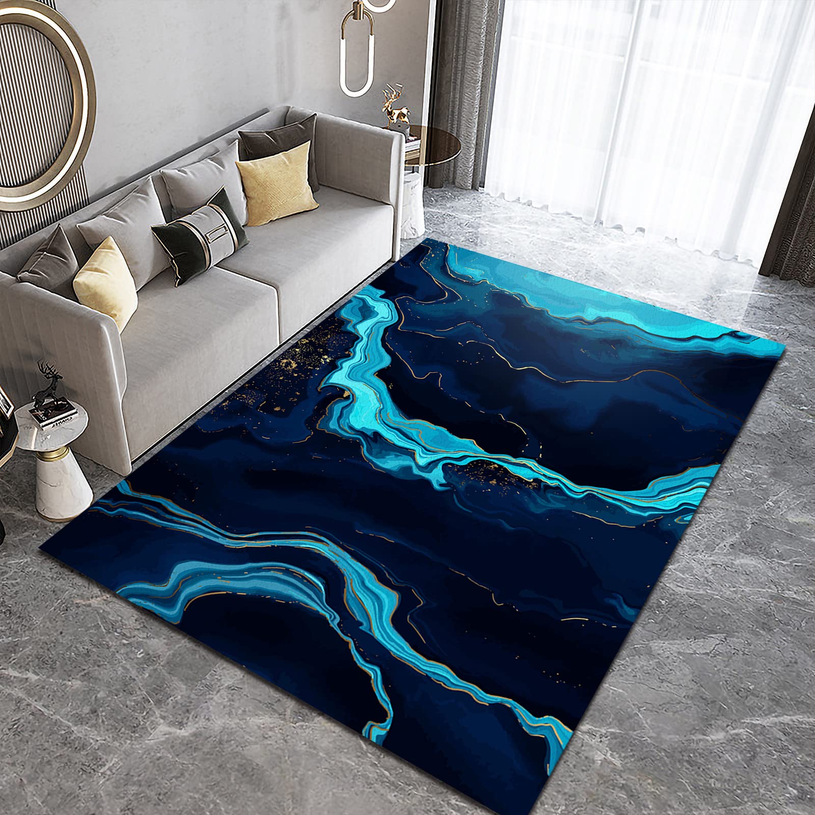 Tapis luxueux en marbre bleu foncé avec lignes en relief - Lavable - En velours doux - Idéal pour café et bureau - 180 x 270 cm