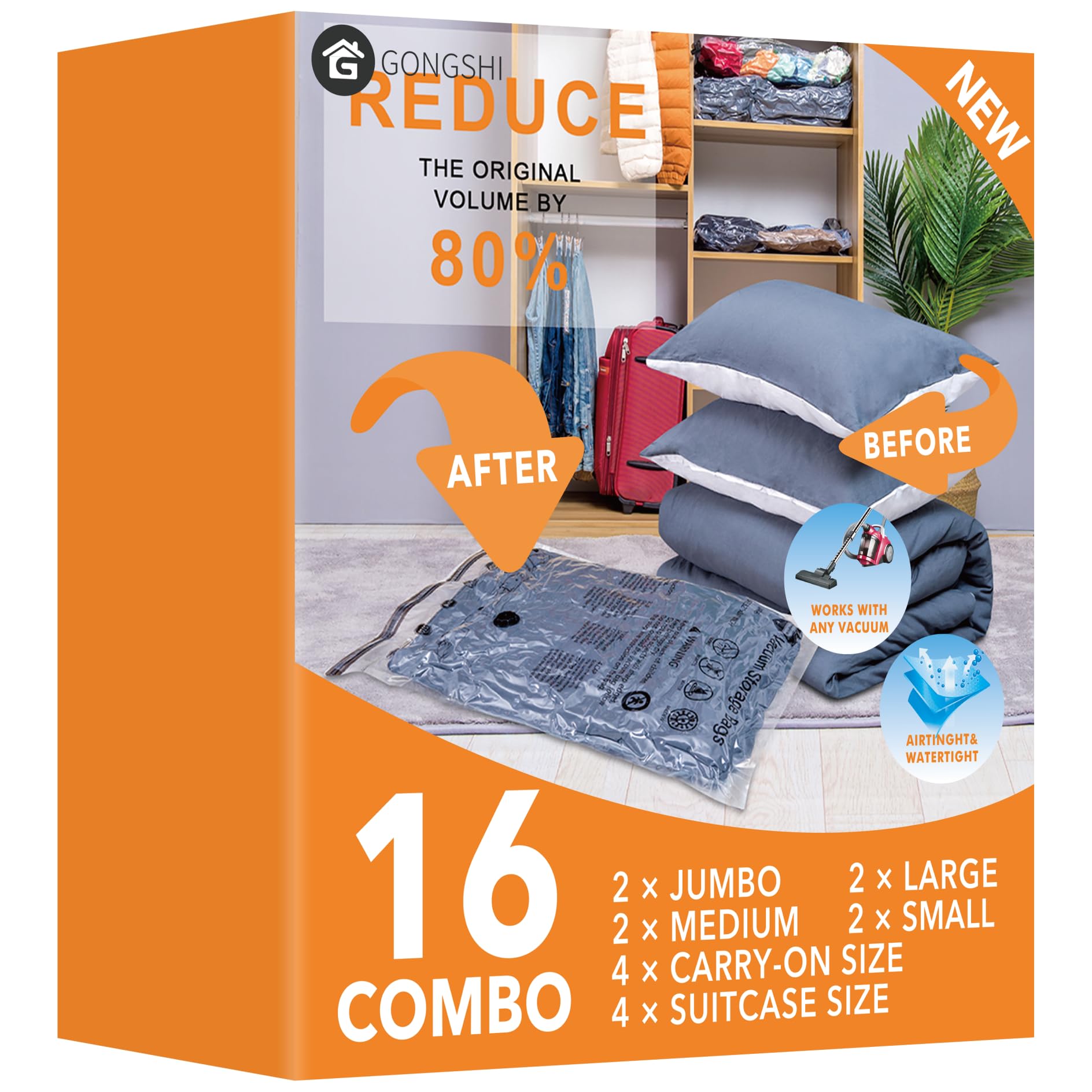 Gongshi Clear/Transparent 16 Pack Travel Vacuum Bags For Luggage,Carry-On Size Vacuum Seal Bags For Luggage And Suitcase Compression, Space Saver For Clothes And Clothing Organization