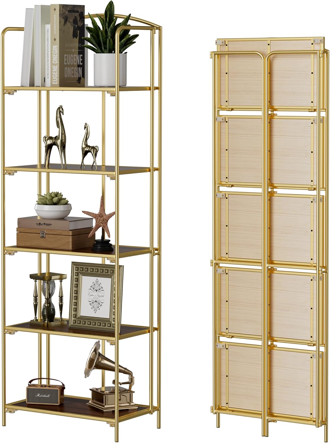Crofy No Assembly Folding Bookshelf for Living Room, 5 Tier Gold Collapsible Book Shelf for Home Office, Portable Bookcase Storage Organizer