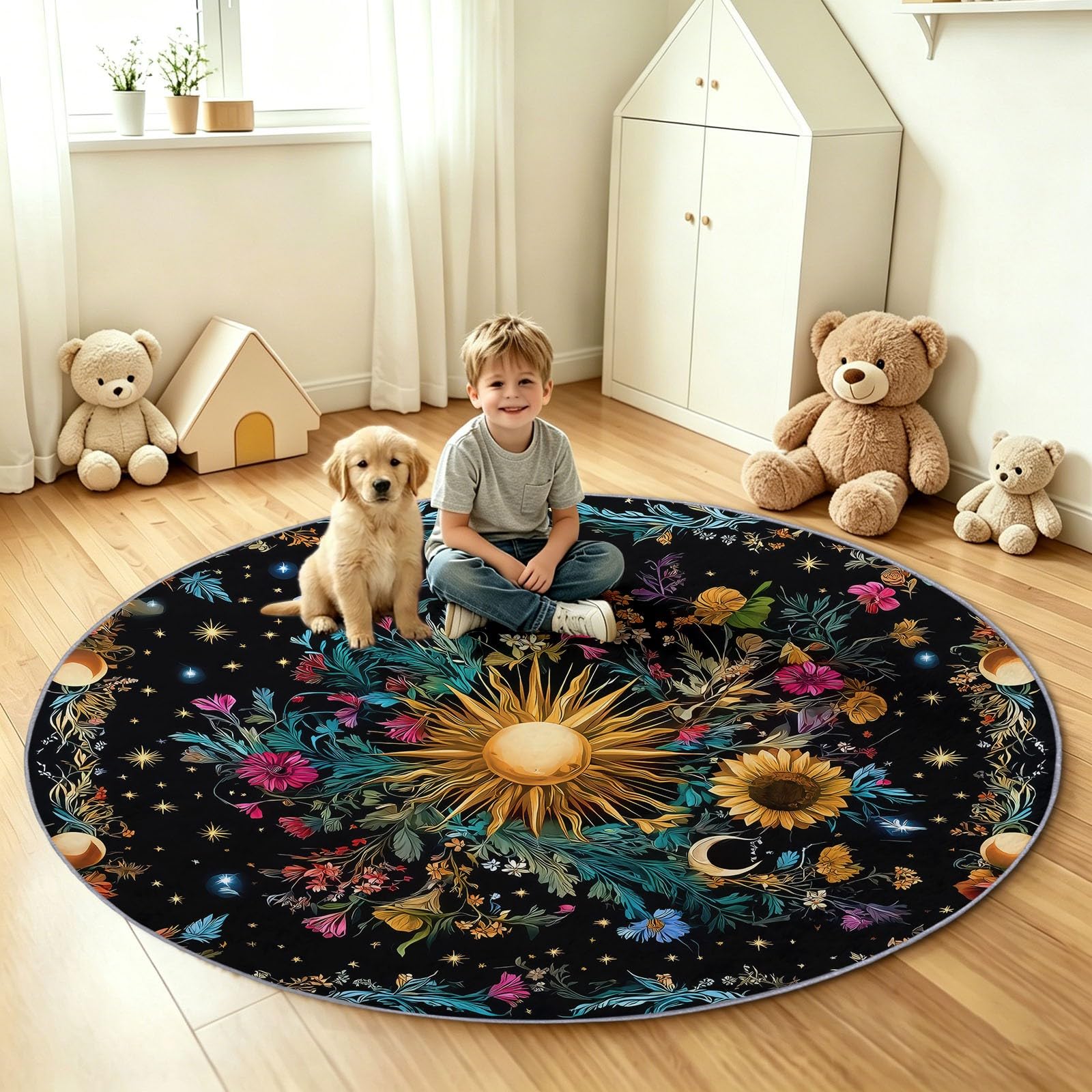 Générique Tapis Salon Rond Noir 100 cm, Bohème Lavable en Machine et Antidérapant Moquette, Extra Doux Tapis Soleil Lune Fleurs pour Chambre à Coucher, Salle à Manger, Salle de Jeux