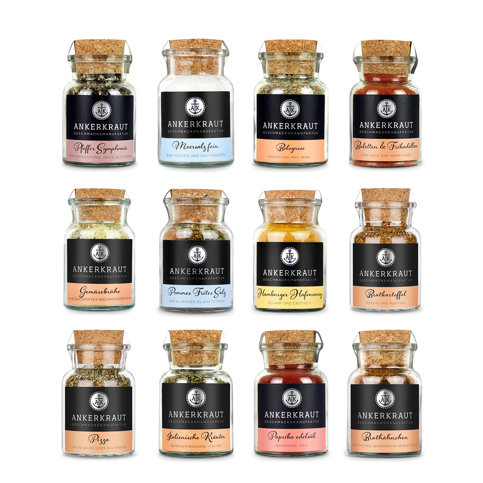Ankerkraut "Jeder kann kochen" Gewürz-Set, 12er Set mit Klassikern, wie Bolognese, Frikadellen, Pommes, Hähnchen und Curry, 1015 g Gewürze