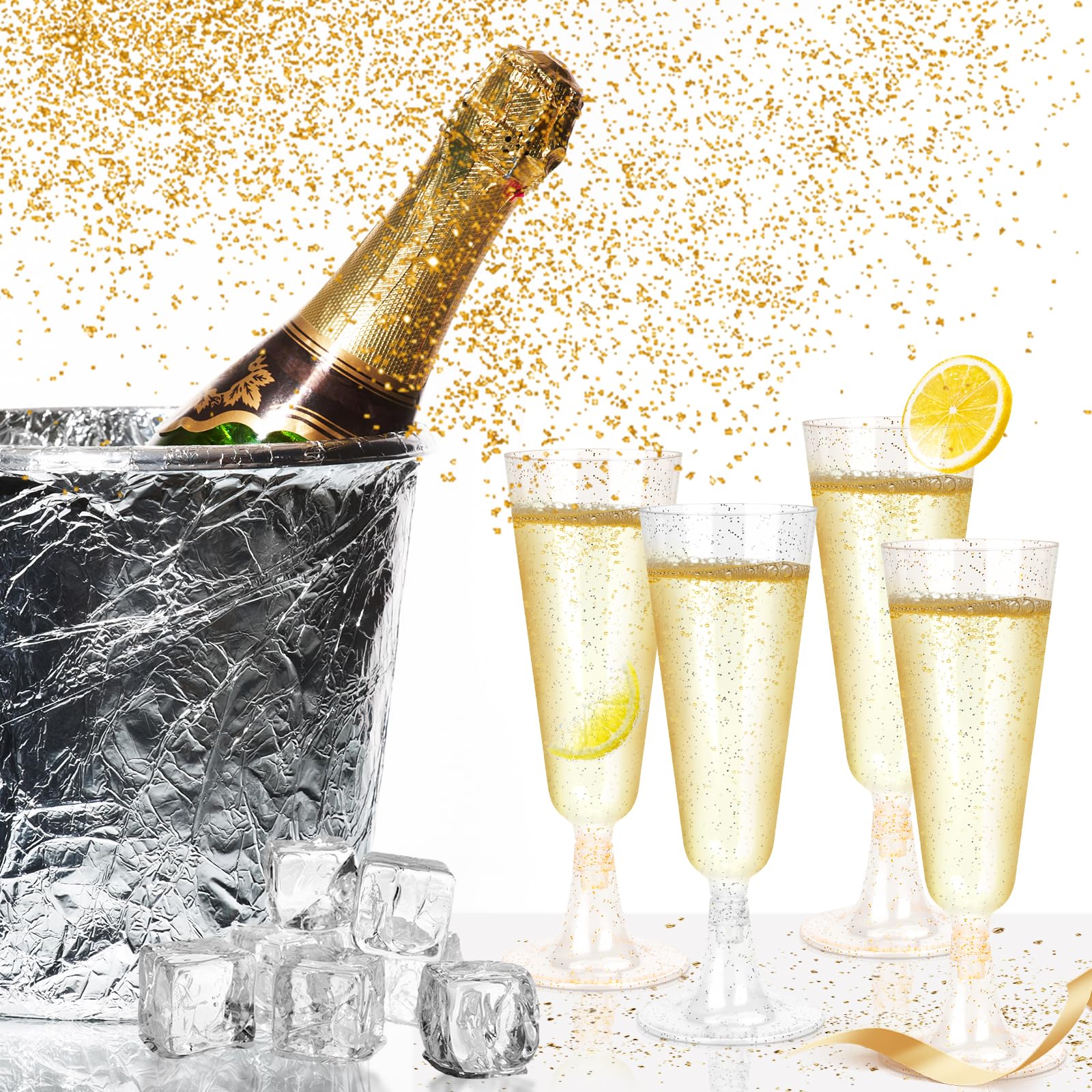 UCAMP 60 Flute da Champagne,Bicchieri Vino150ml,Trasparenti,Resistenti e Riutilizzabili,Bicchieri da Champagne con Glitter Dorati e argento,Eleganti Calici per Feste,Compleanni,Matrimoni