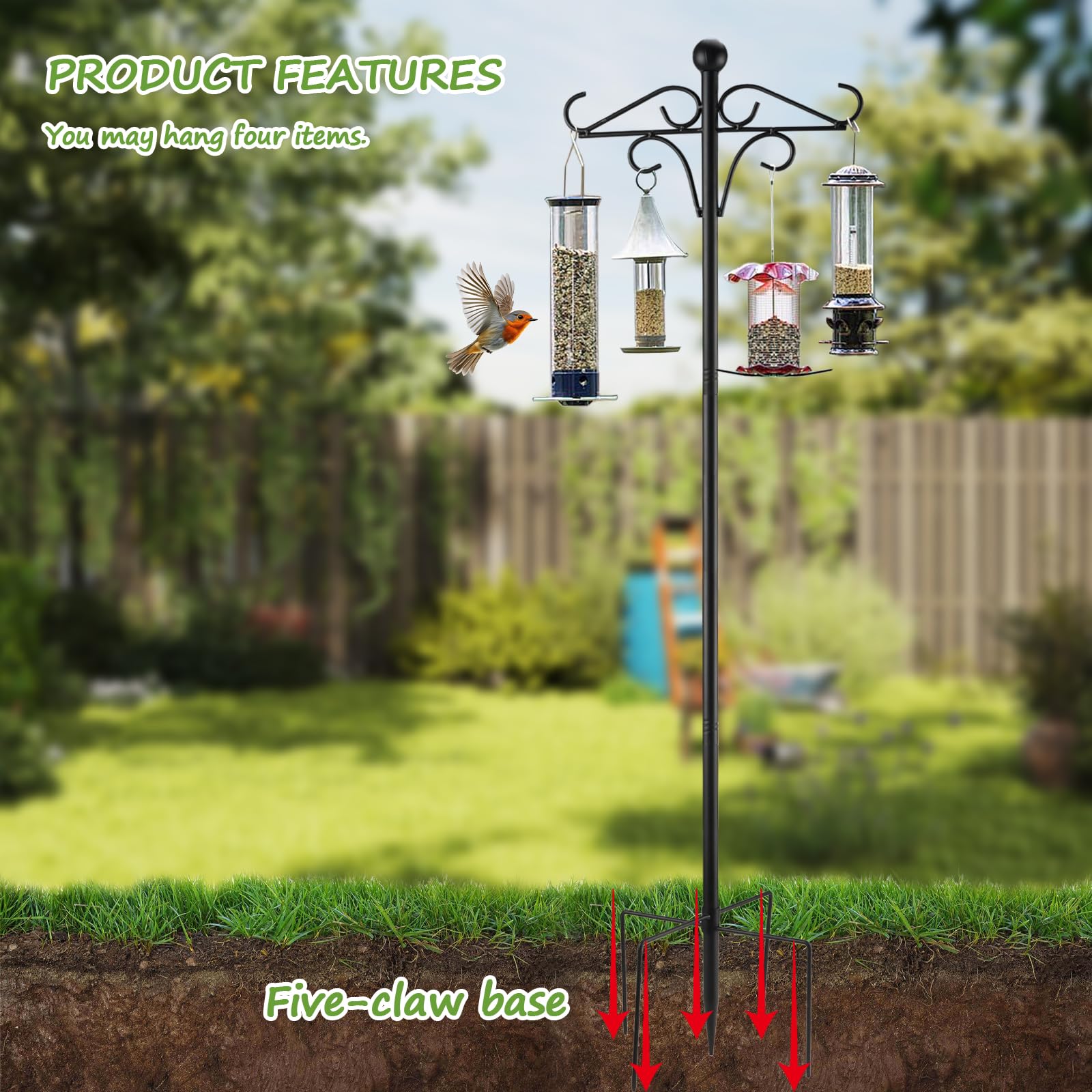 YiliYa Gancho de Pastor para Exteriores, 234cm Varilla de Metal para Jardín con Ganchos Estaca Jardín para Colgar Plantas, Linterna de Luz Solar, Decoraciones de Vacaciones, Comederos de Pájaros