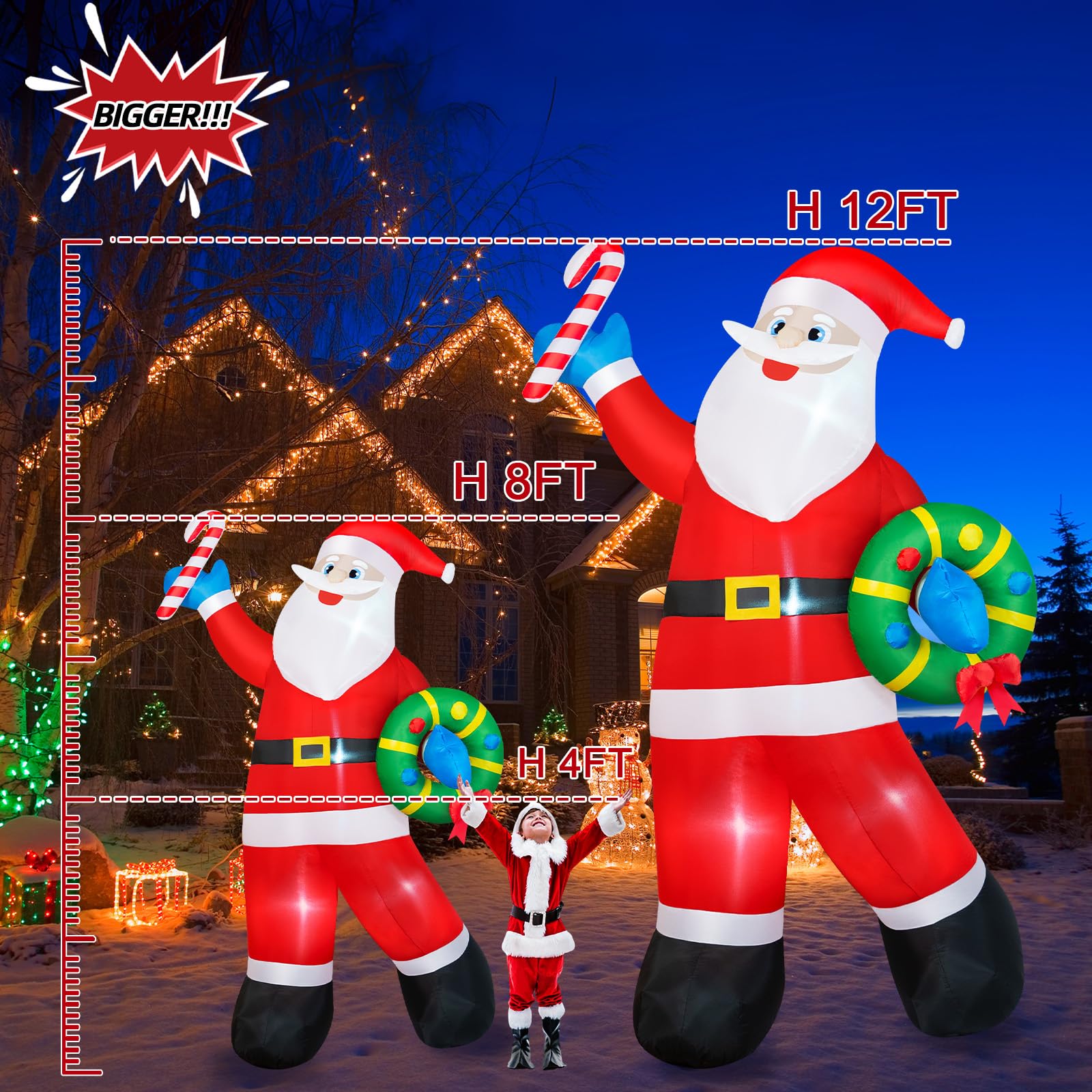 Père Noël gonflable de 2,4 m - Décorations d'extérieur - Père Noël gonflable tenant une guirlande de Noël - LED intégrées - Décoration de Noël pour Noël, vacances, jardin, pelouse