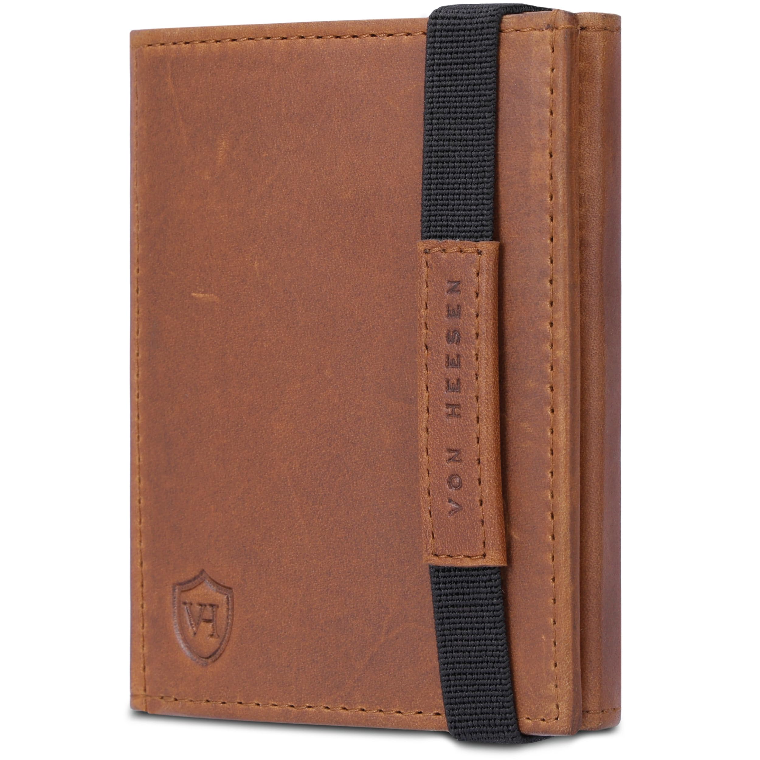 VON HEESEN Slim Wallet mit RFID Schutz - Geldbörse Herren klein - Mini Geldbeutel Damen Portmonee - Kartenetui Echtleder Karten Portemonnaie - Leder Kreditkartenetui (Cognac Waxy)