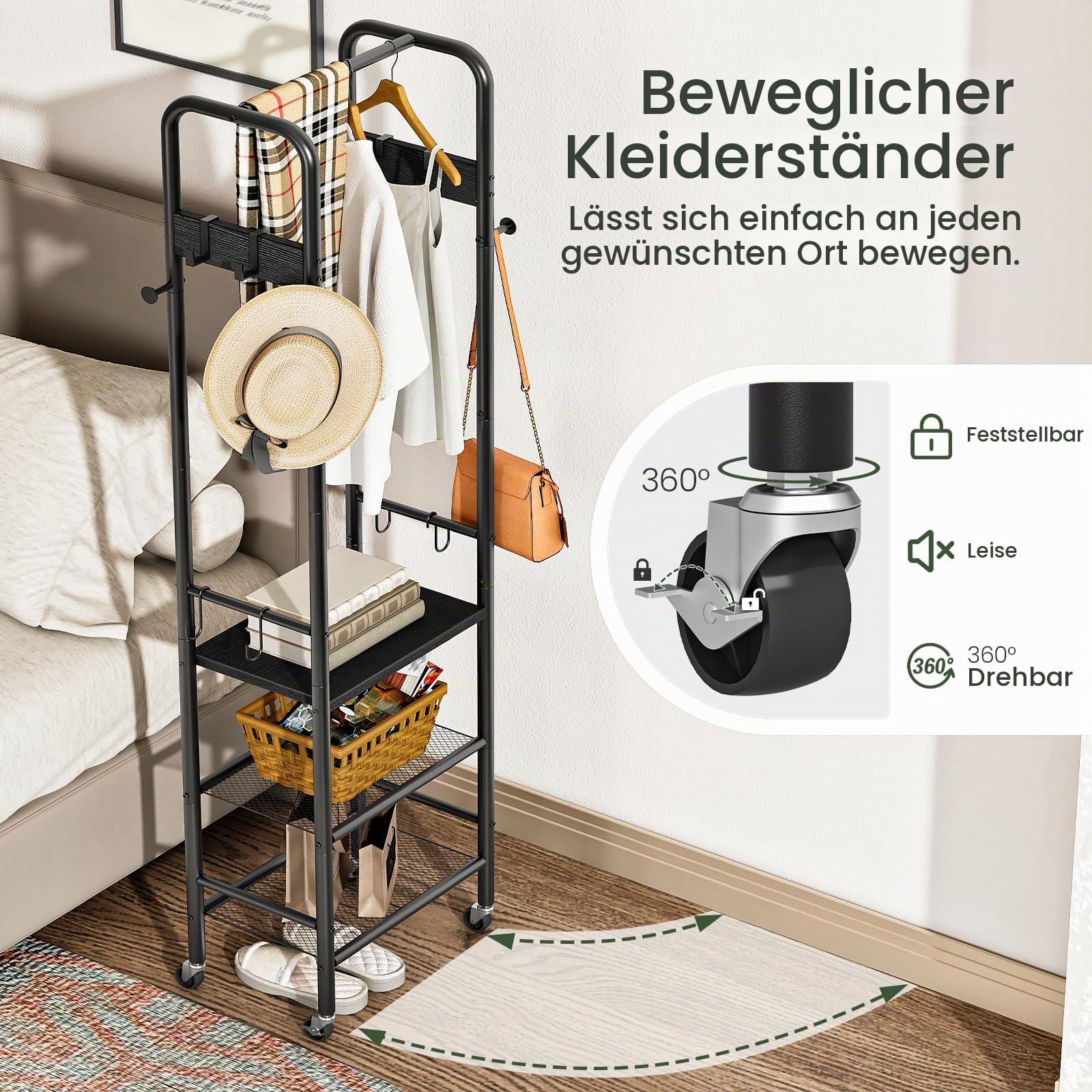 CHOEZON Garderobenständer, Mobiler 3-stöckiger Kleiderständer, Garderobe mit 4 Rollen, Garderobe Schmal, mit Schuhablage, für Flur, Schlafzimmer, Kleiderschrank, Wohnzimmer, Schwarz DTYM17BB