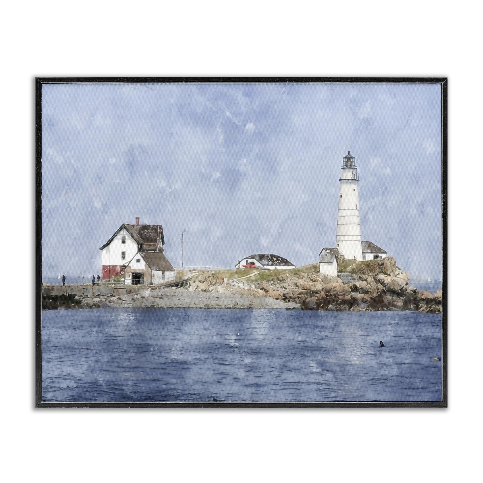 Stupell Industries Midnight Black (Textured) 'Picturesque Lighthouse Island'| Framed Giclee Art