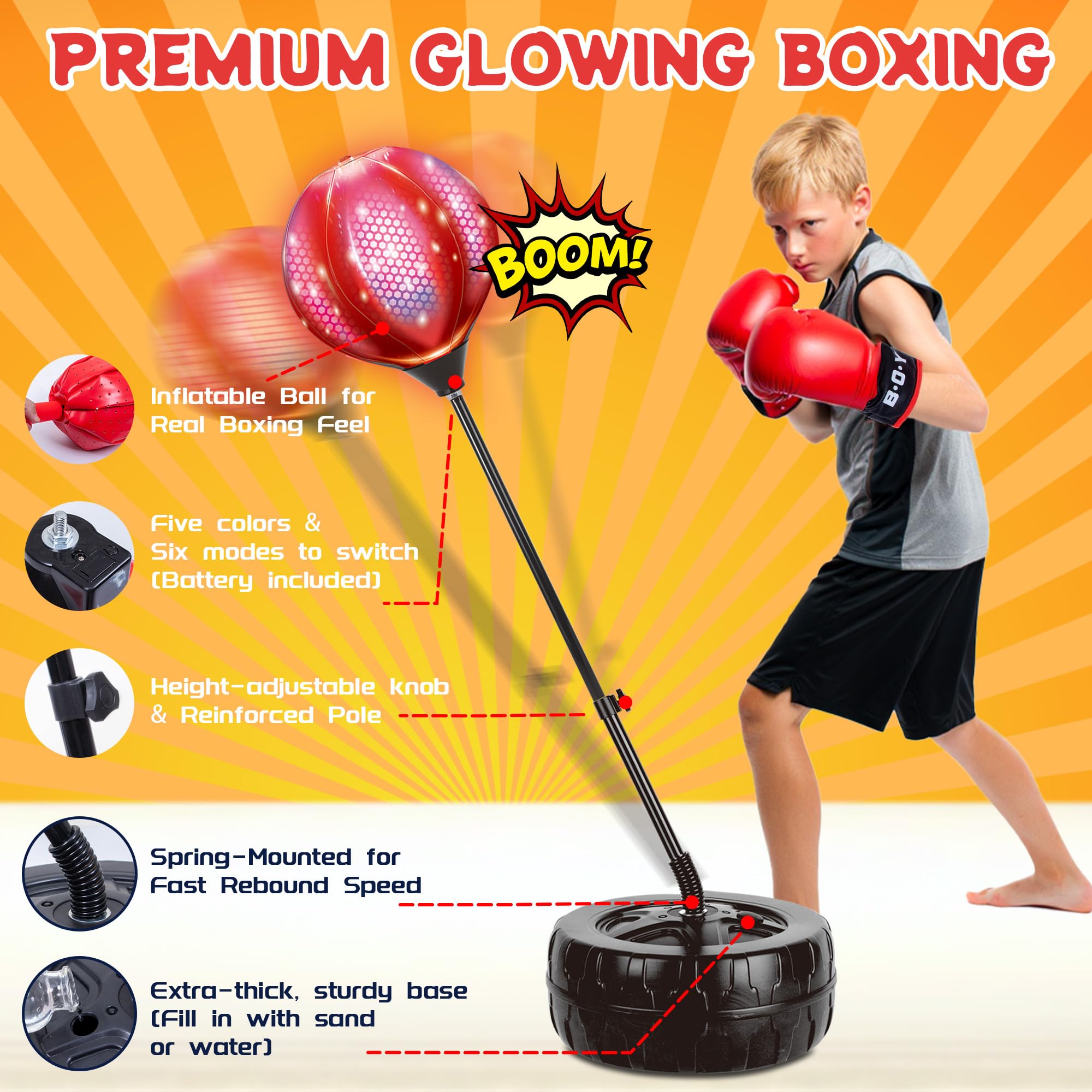 JOY SPOT! LED Boxsack mit Ständer, Höhenverstellbar Punchingball für Kinder, Boxen Set inkl. Boxhandschuhe & Pumpe, Leuchtender Punching Bag für Erwachsene, Boxball-Set Spielzeug für Speed Training