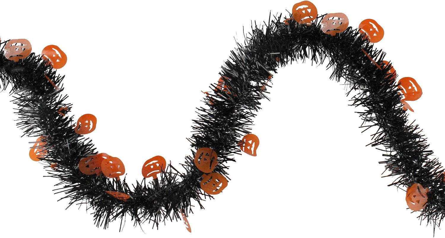 50' Black with Orange Jack O Lanterns Halloween Tinsel Garland - Unlit