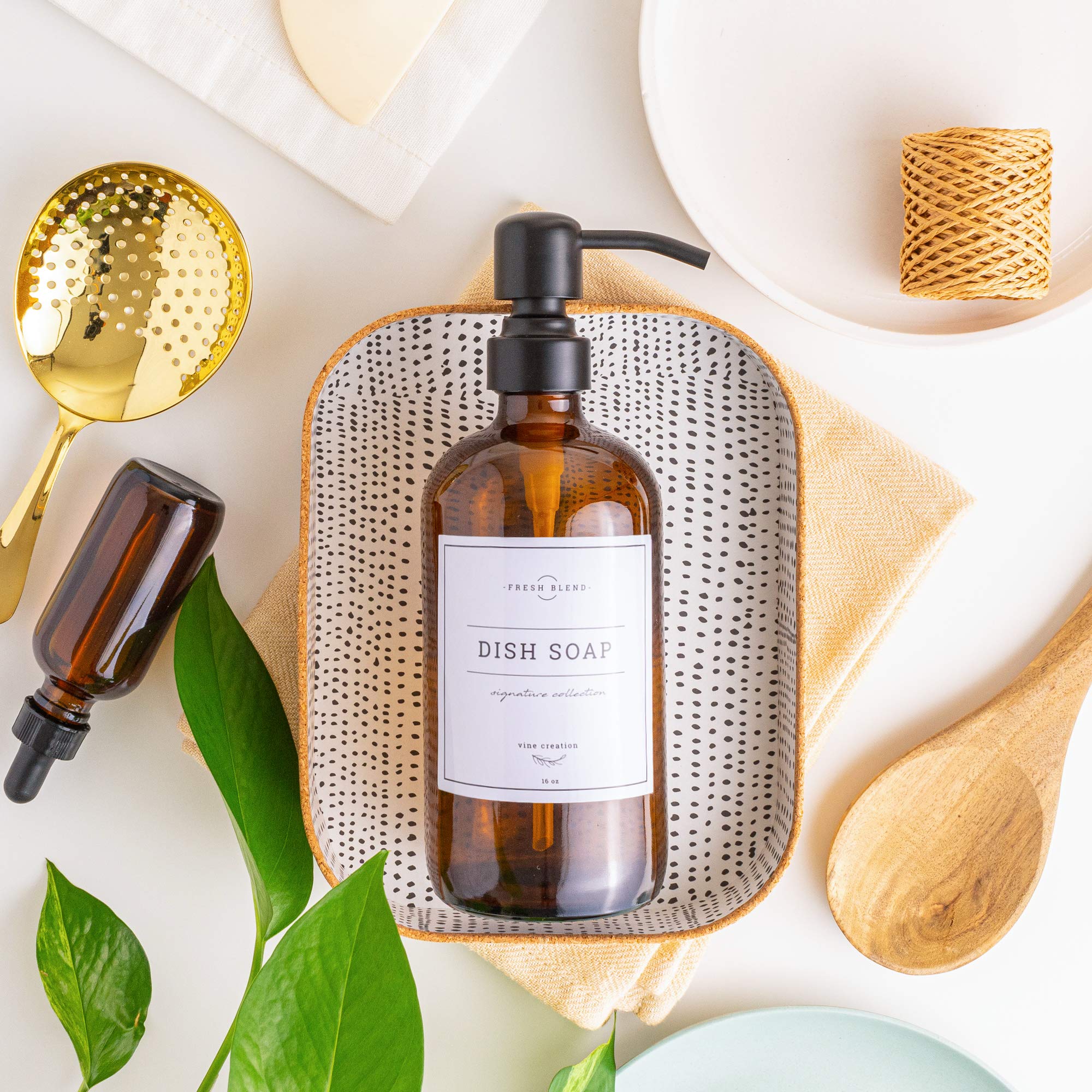 Vine Creations Amber Glass Soap Dispenser 2 Pack, Thick 16oz Bottles Rustproof Stainless Steel Pump, Modern Farmhouse Vintage Jar, Bathroom Kitchen Accessories, with Waterproof Labels (Matte Black)