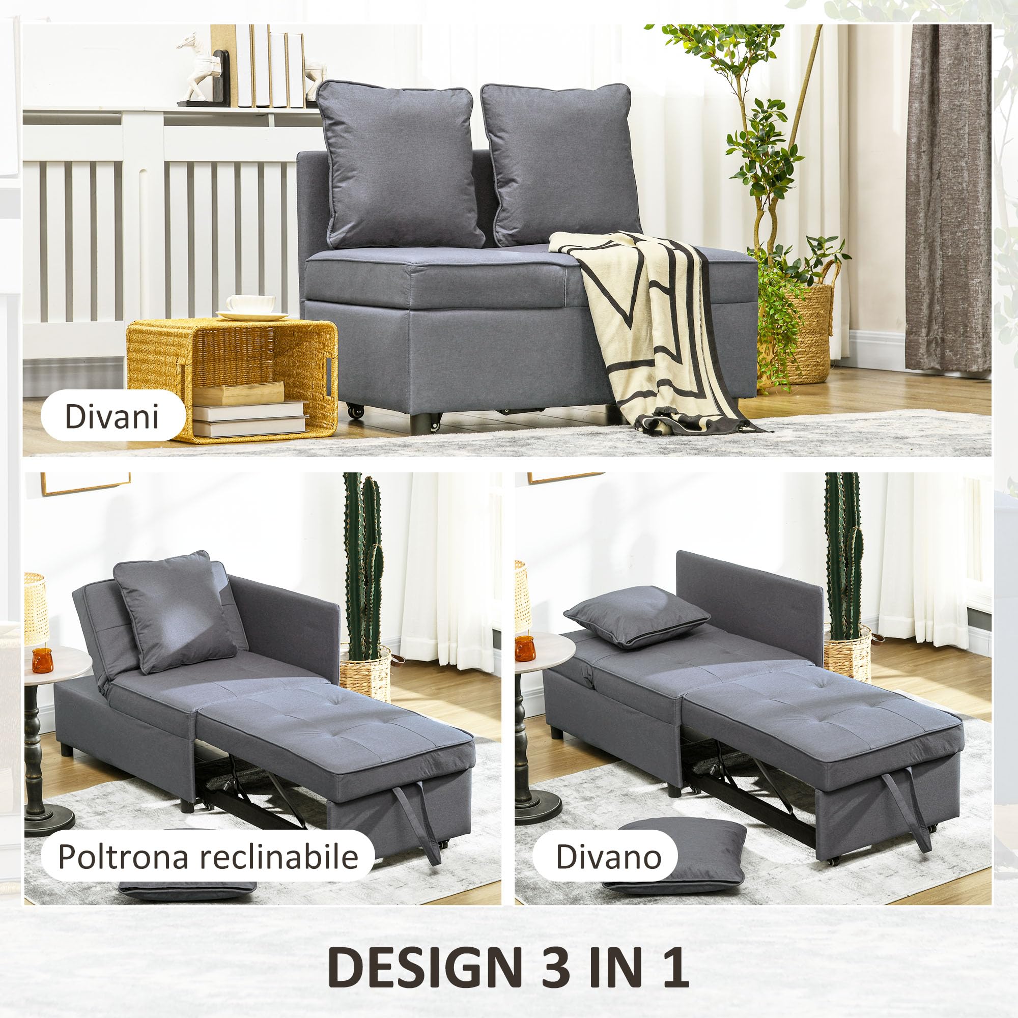 HOMCOM Poltrona Letto 3 in 1 Imbottita con Schienale Regolabile in 5 Posizioni e Cuscini, Divano Letto Una Piazza e Mezza in Tessuto Effetto Lino e Legno per Soggiorno, 98x71x67 cm, Grigio Scuro
