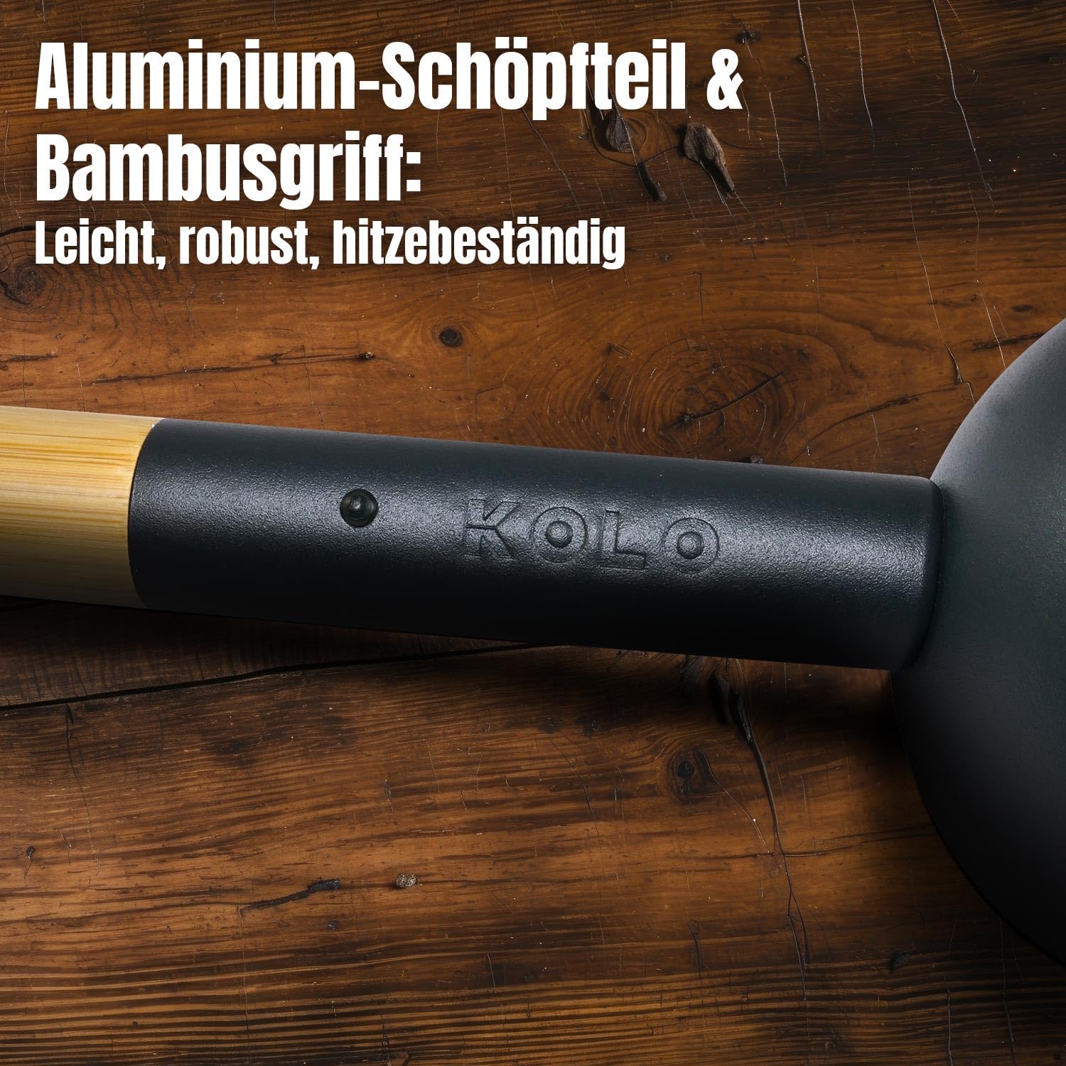 KOLO Kauha 2 Sauna Kelle 300 ml - Schwarzes Aluminium mit Bambusgriff 43 cm - Premium Saunakelle - Langlebig & ergonomisch - Für Aufgüsse und authentische finnische Saunakultur - Made in Finland