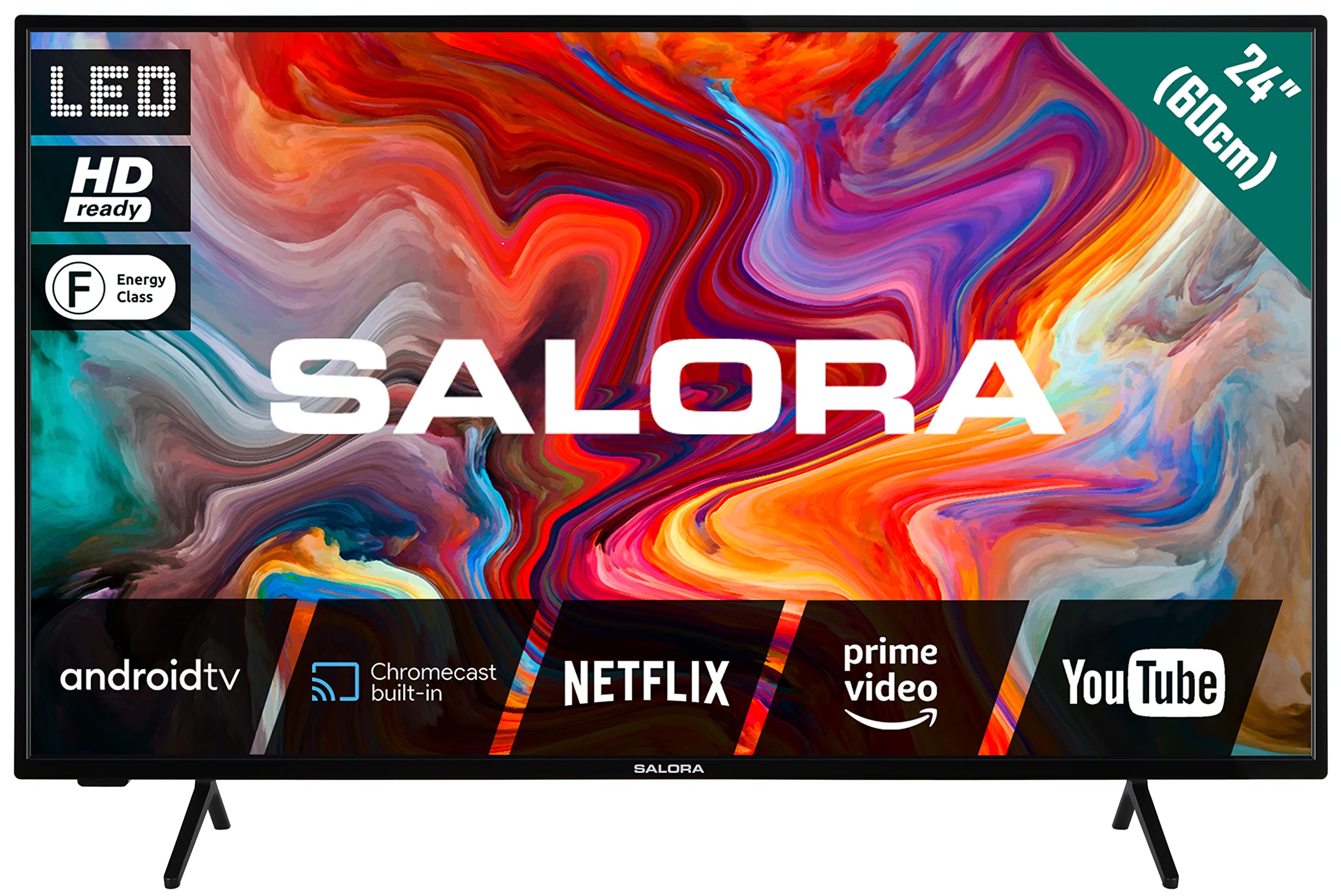 SALORA SMART24TV – 24 Zoll Smart TV mit Android TV, LED Display, HD Ready, integriertem Chromecast, Dolby Audio, WLAN, Bluetooth, 3X HDMI – kompakter LED Fernseher 24 Zoll für Zuhause