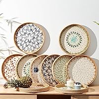Vista 5 de Bandeja redonda de ratán con incrustaciones de madreperla, bandeja de ratán con base de madera, cesta decorativa de mimbre para decoración de mesa