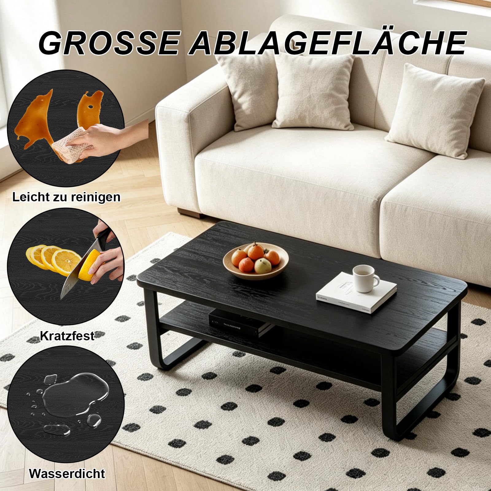 Couchtisch aus Holz für Wohnzimmer, 2-Stöckiger Beistelltisch mit Metallbeinen, Breiter Tischplatte und Offenem Stauraum, Tisch für Wohnzimmer, Büro, Schlafzimmer