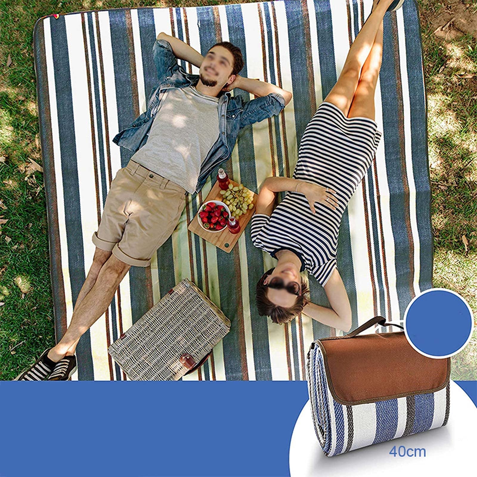 Couverture de Pique-Nique Imperméable, 200x200 CM Portable Tapis Pique Niques, Natte de Plage Nappe Picnic pour Jardin Extérieur (Color : Blue Stripe)