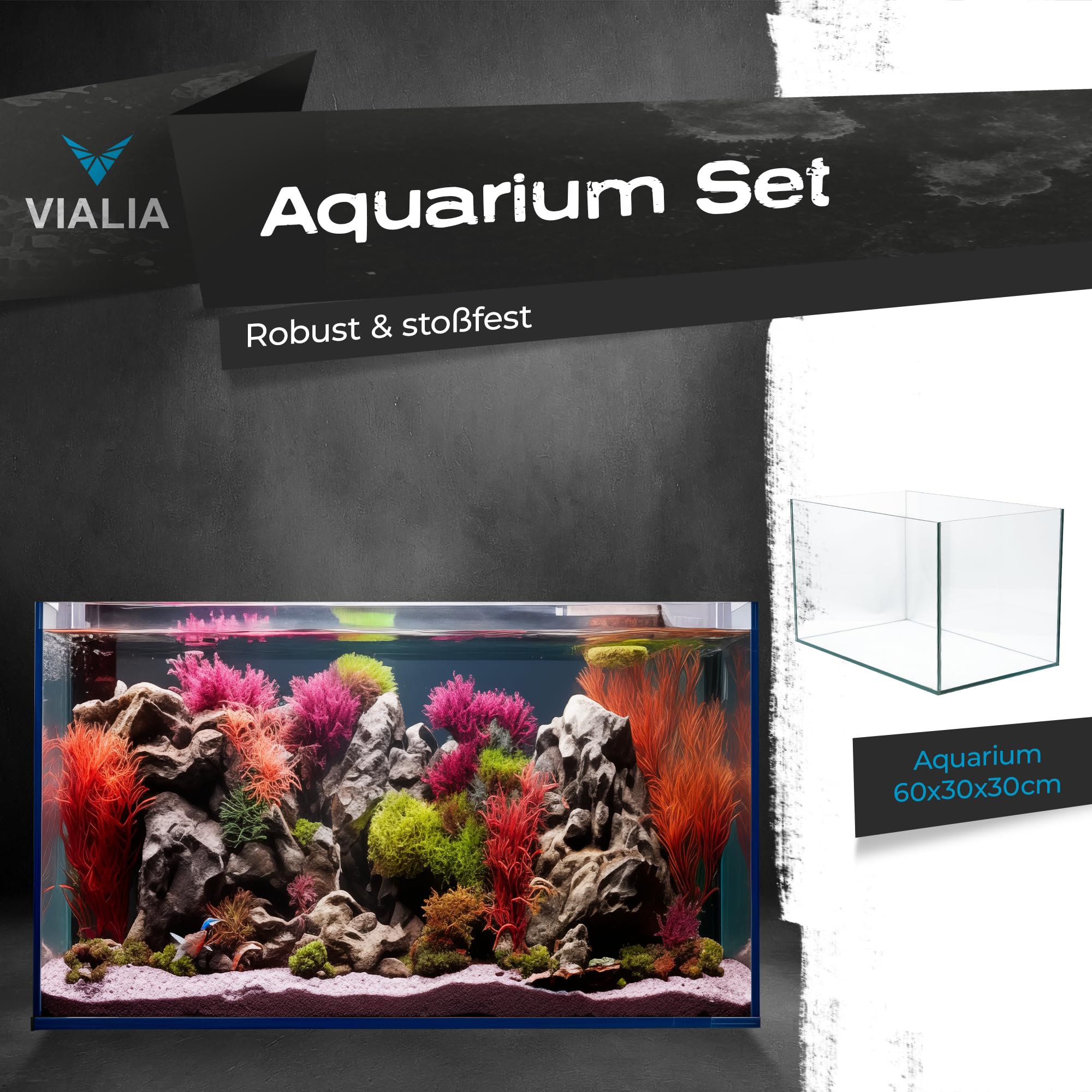 Aquarium Set 60x30x30 cm Weiß, 54 Liter Glasbecken ohne Abdeckung | Starterset inkl. Heizer, Thermometer, Futter & Wasseraufbereiter, Floatglas mit Diamantschliff für Süß- & Meerwasser